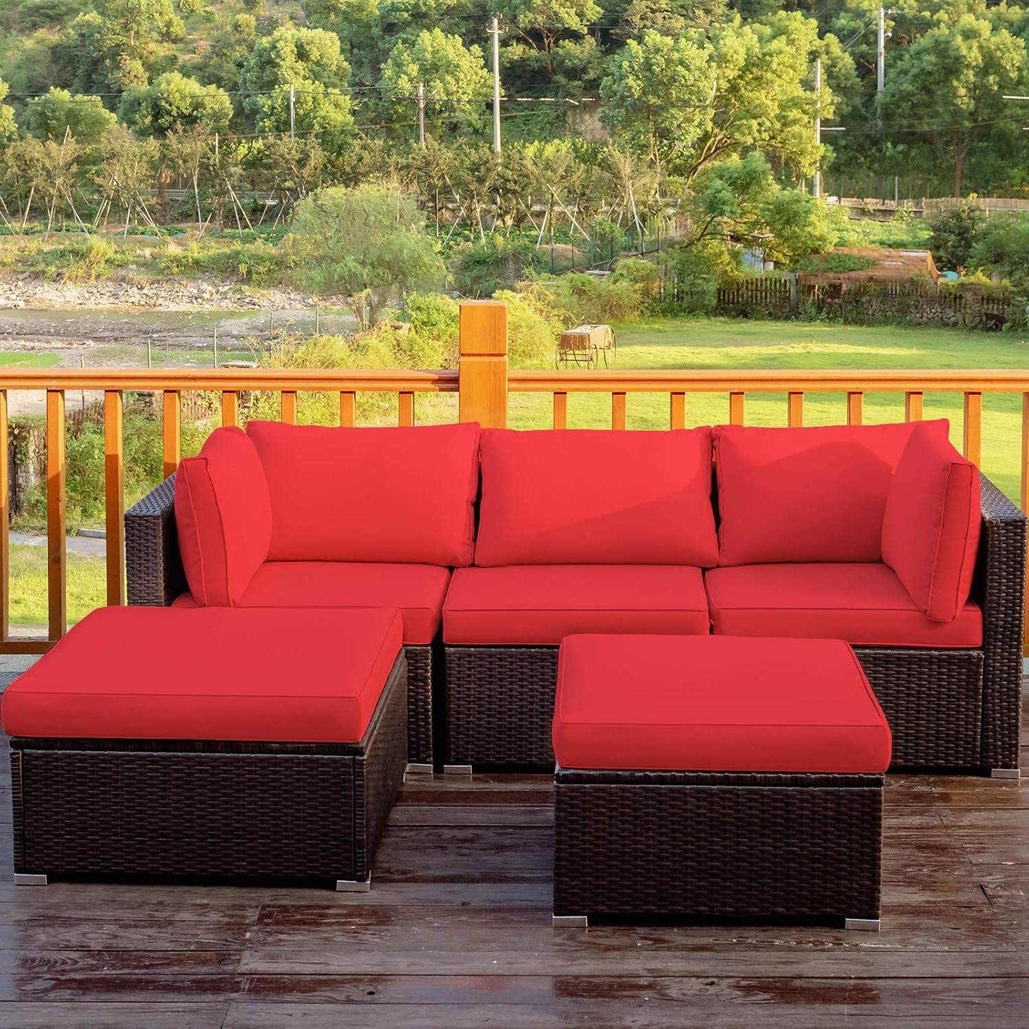 Tangkula 5 Piece Patio Furniture Set, Outdoor Sectional Rattan Sofa Set with Cushions and Coffee Table, Suitable for Backyard Porch Garden Poolside and Deck, Wicker Conversation Set (Red)
