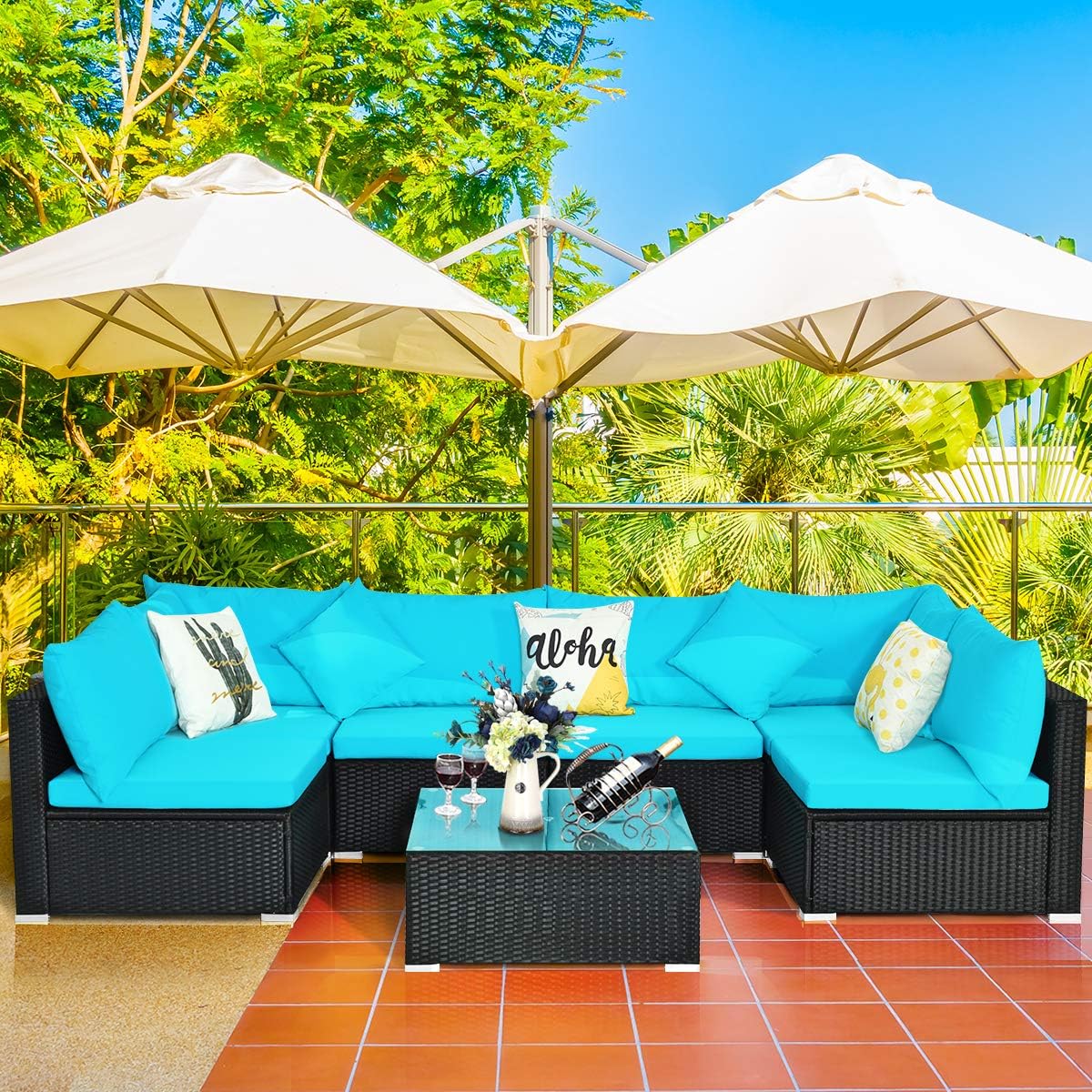 COSTWAY 7 Pieces Patio Furniture Set, Outdoor Rattan Conversation Set with 6 Seats, Coffee Tea Table, Soft Cushions, Wicker Patio Sectional Sofa for Garden Balcony Porch Poolside, Turquoise