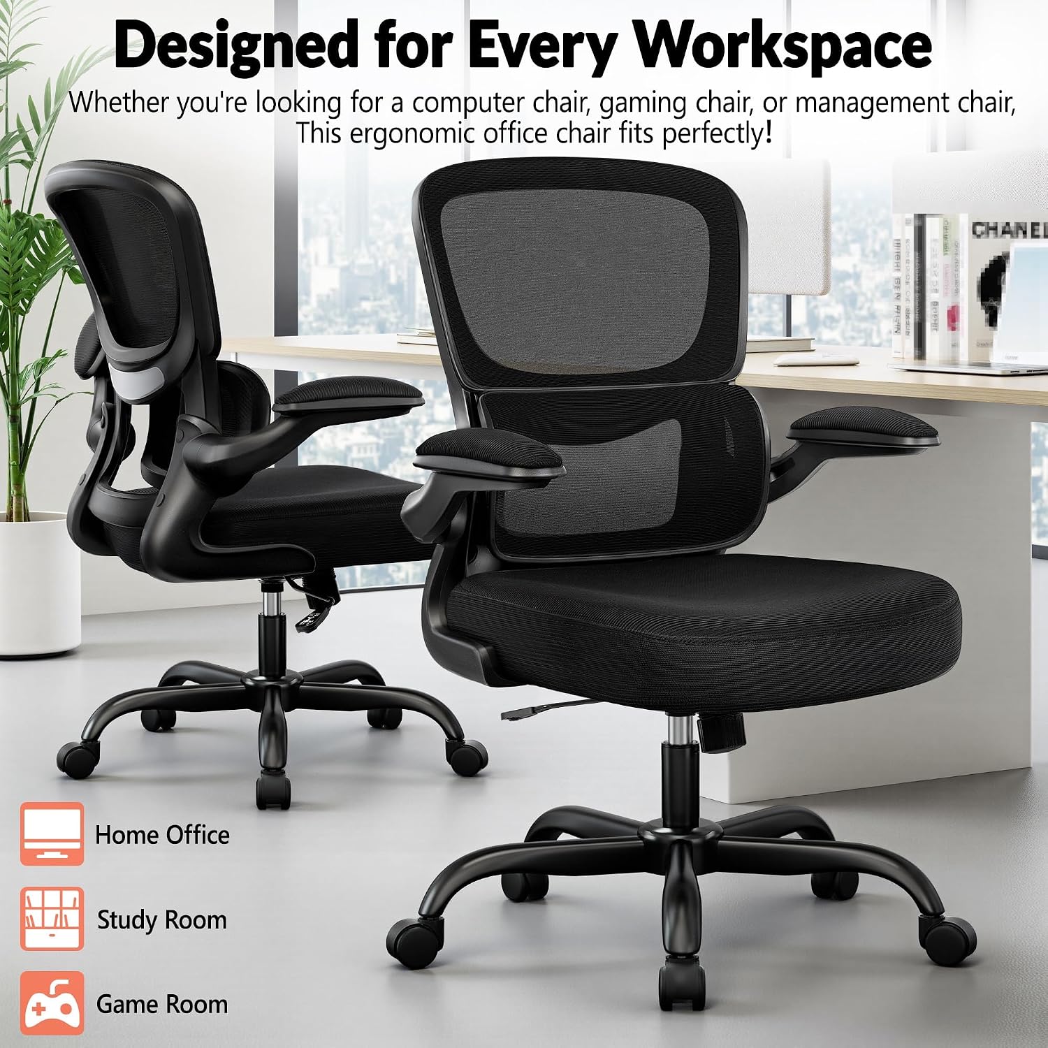 BESTFAIR Office Chair Ergonomic Desk Chair, Breathable Mesh Comfy Chair with Lumbar Support, Computer Chair, Home Desk Chair with Flip-up Armrests, Gaming Chair for Adults Home Office