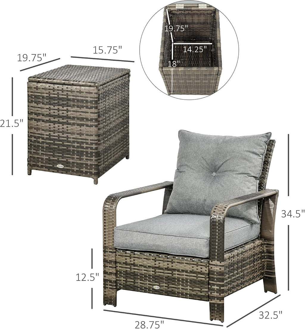 Outsunny 3 Piece Patio Furniture Set, PE Rattan Wicker Storage Table and Chairs w/Tufted Cushions for Outdoor Garden, Backyard, Poolside, Balcony, Gray