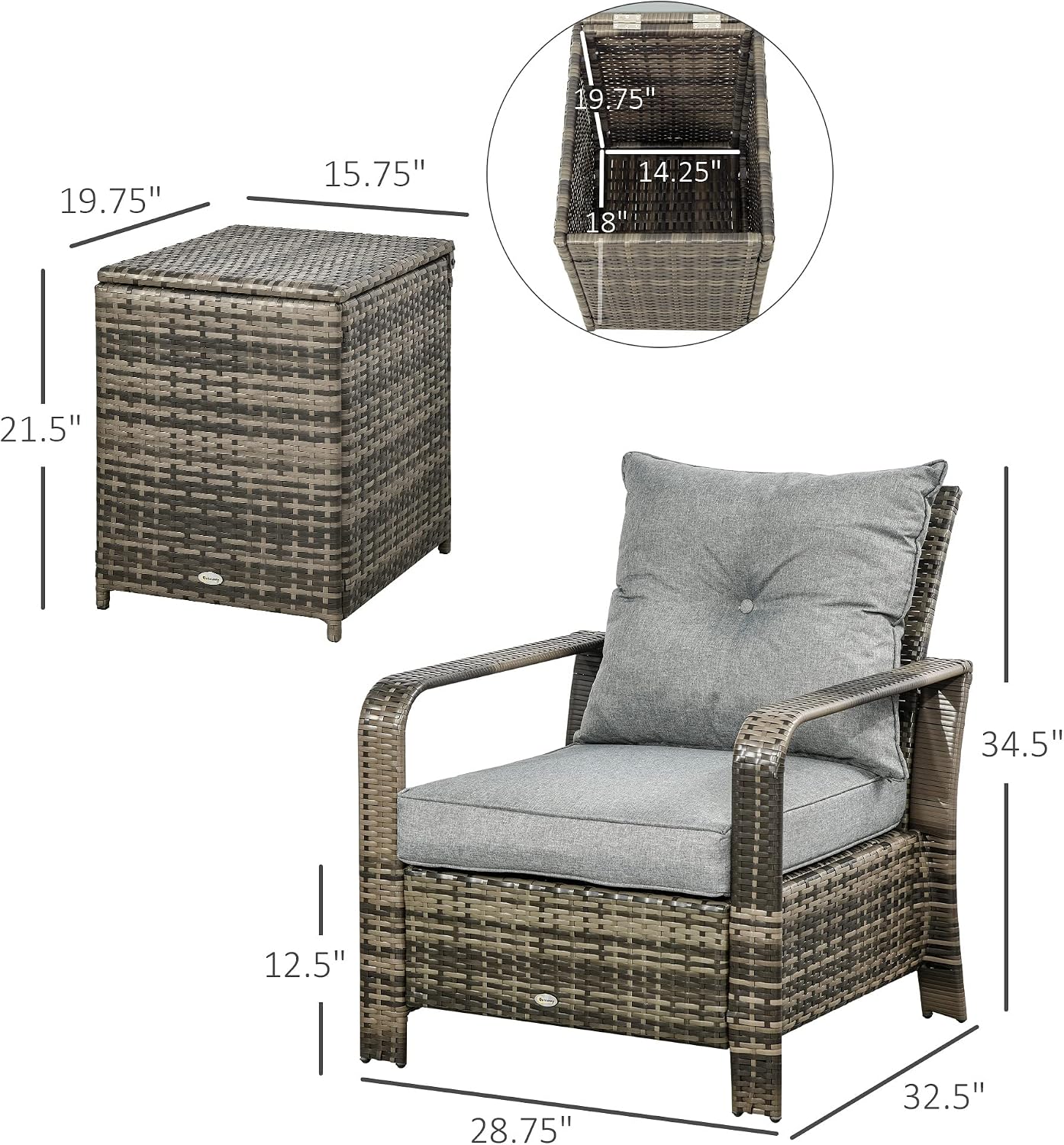Outsunny 3 Piece Patio Furniture Set, PE Rattan Wicker Storage Table and Chairs w/Tufted Cushions for Outdoor Garden, Backyard, Poolside, Balcony, Gray