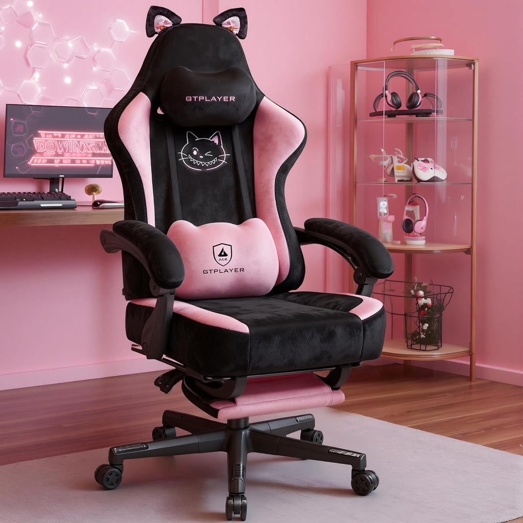 Pink Gaming Chair Cute with Cat Ears Ergonomic Computer Chair with Cat Embroidery Adjustable Memory Foam Lumbar Support and Headrest Comfortable Reclining Office Chair Soft Velvet Fabric