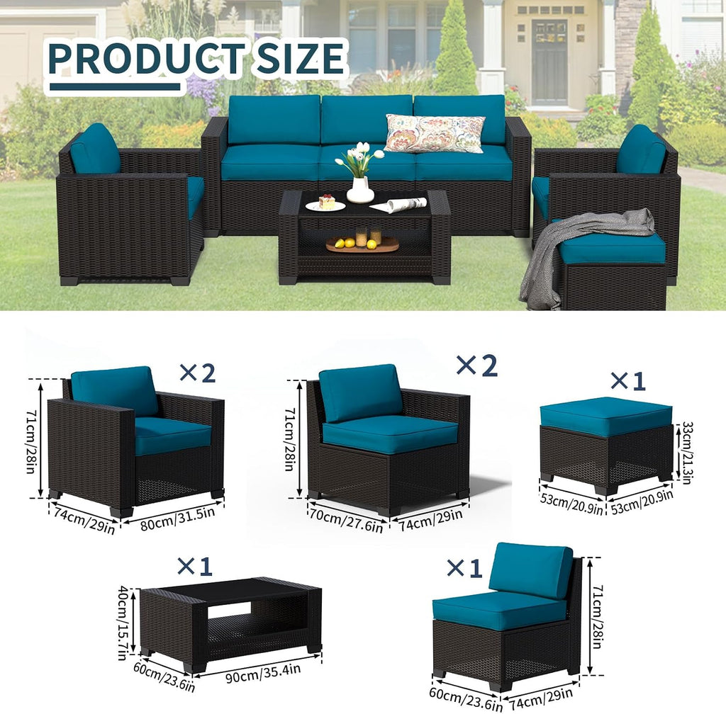 SHGJ&SOFT 7 Piece Patio Furniture Set, Wicker Outdoor Sectional Sofa with Washable Cushion Covers and Tempered Glass Table, Rattan Conversation Set for Poolside