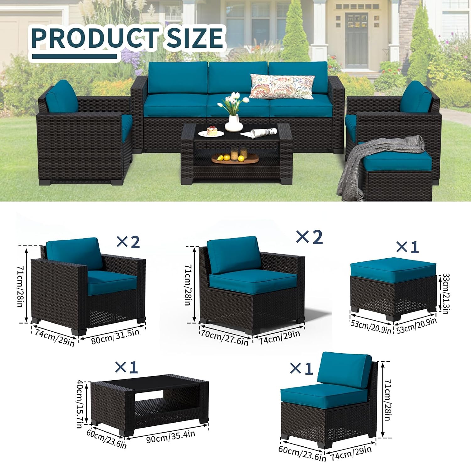SHGJ&SOFT 7 Piece Patio Furniture Set, Wicker Outdoor Sectional Sofa with Washable Cushion Covers and Tempered Glass Table, Rattan Conversation Set for Poolside