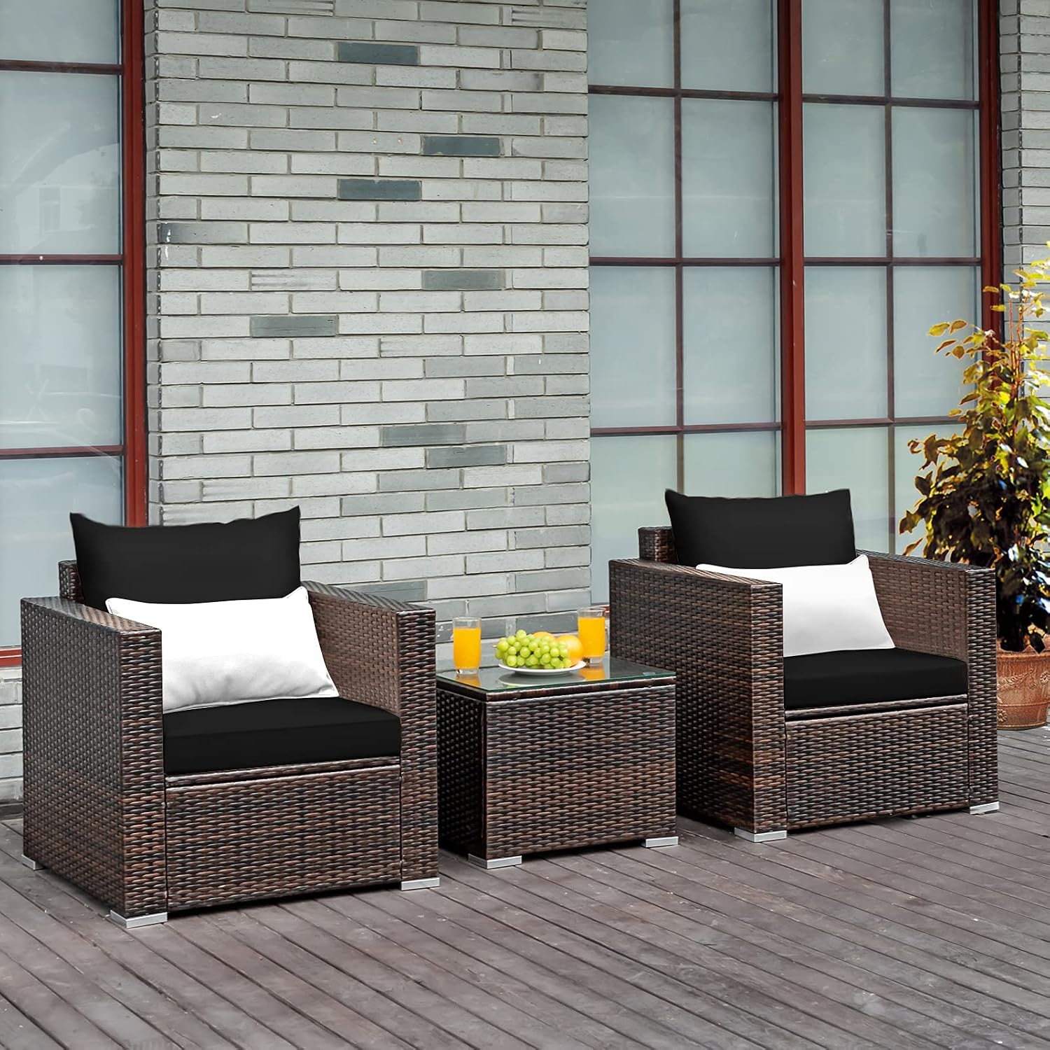 Tangkula 3 Pieces Patio Furniture Set, Outdoor Conversation Rattan Furniture Set w/Washable Cushion and Tempered Glass Tabletop, PE Rattan Wicker Sofa Set for Garden Poolside Balcony