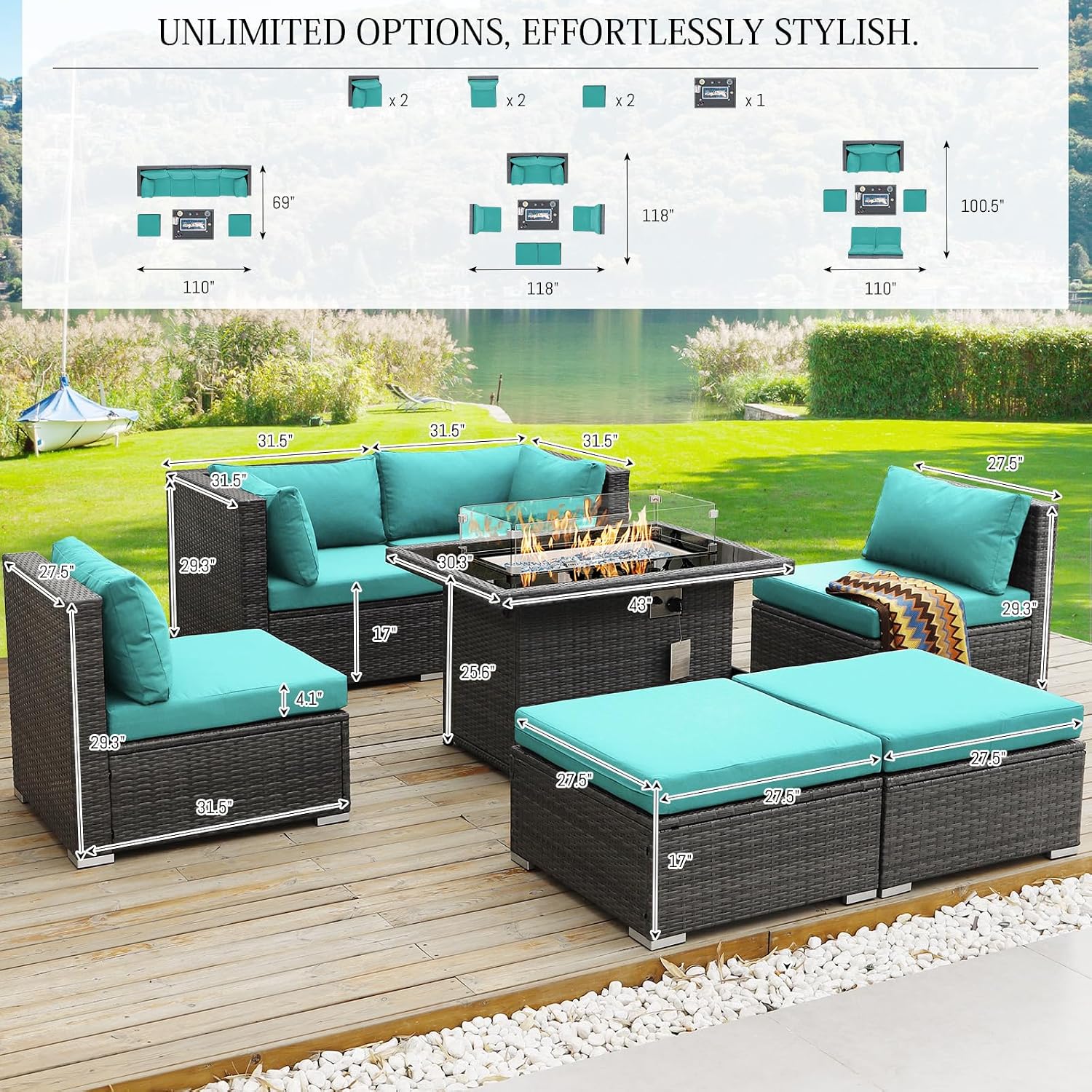 BULEXYARD 7 Piece High Back Outdoor Sectional Set with Fire Pit Table, Wicker Patio Furniture Set Weather-Resistant, Modular 6-Person Couch Sofa Comfortable Wide Deep Seats for Backyard, Grey & Teal