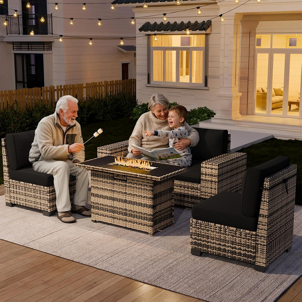 Amopatio 5 Piece Patio Furniture Set with 8' Armrest & 44' Fire Pit Table, Outdoor Wicker Rattan Sectional Sofa Conversation Set for Backyard, Garden, Poolside(Black Cushion)