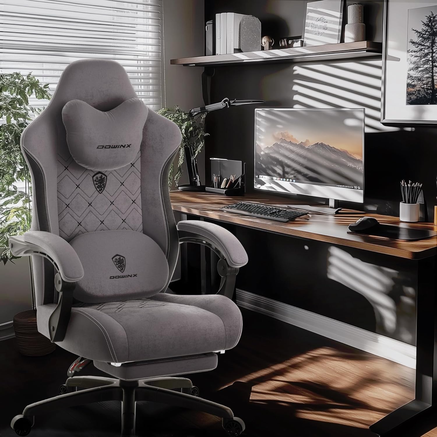 Dowinx Gaming Chair with Heated Massage Lumbar Support,Big and Tall Fabric Gaming Chairs for Adults with Footrest, Ergonomic Computer Game Chair with Poket Spring Cushions, 350lbs, Gray