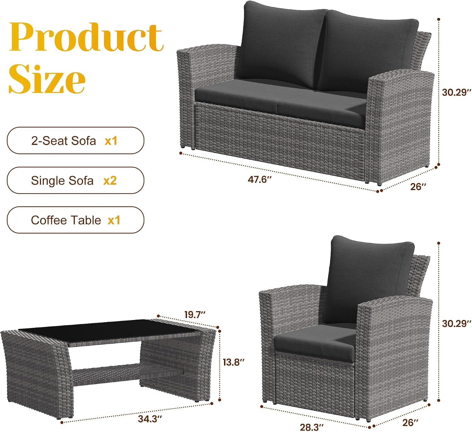 FansaFurn 4-Piece Outdoor Patio Furniture Set, All Weather Wicker Rattan Sectional Sofa Conversation Seating Set with Cushions & Large Glass Coffee Table, Ideal for Garden Backyard Porch, Dark Grey