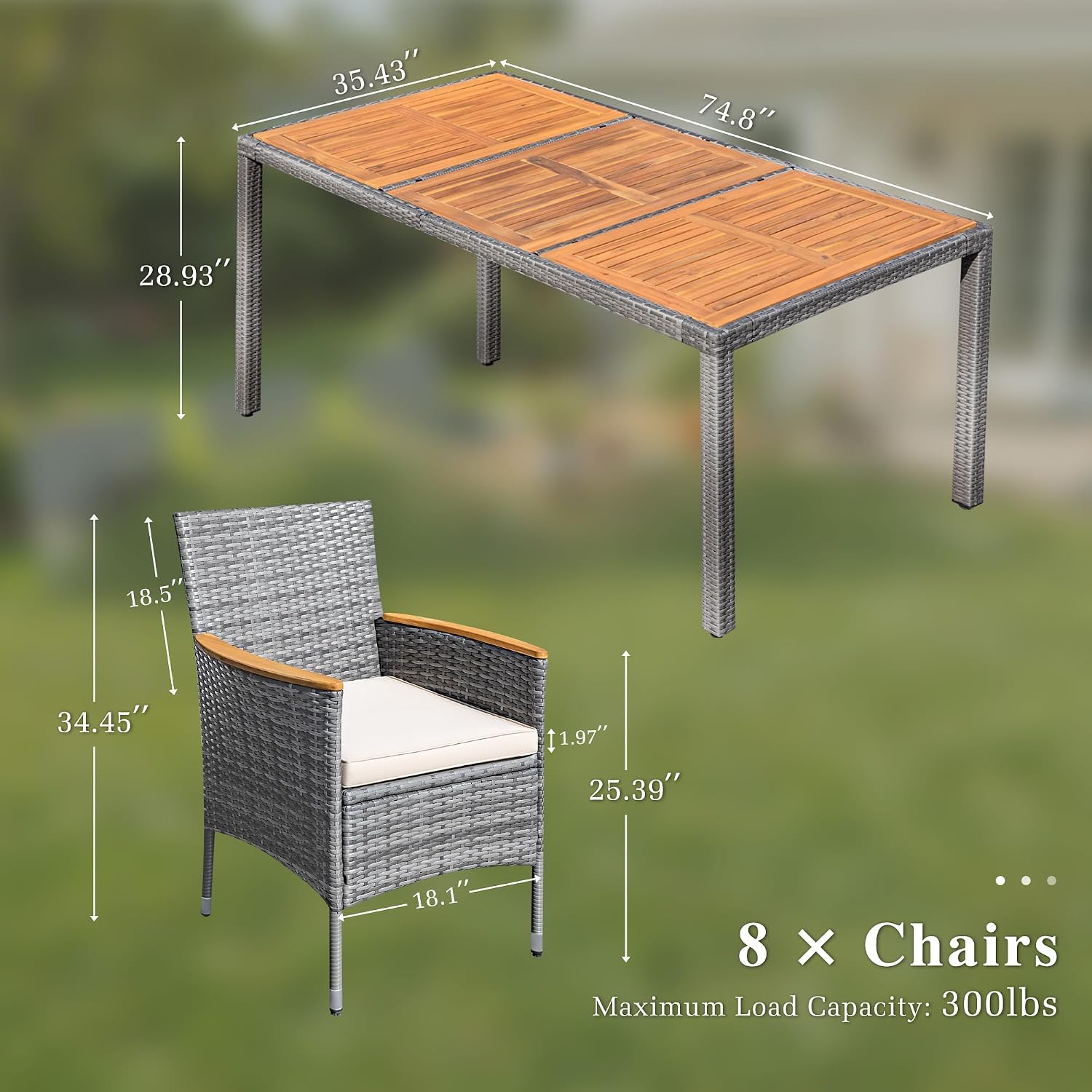 Devoko Outdoor Patio Dining Sets 9 Pieces Wicker Outdoor Dining Table and Chairs Set with Acacia Wood Table Top and Widened Armrests for Backyard, Garden, Deck (Grey)