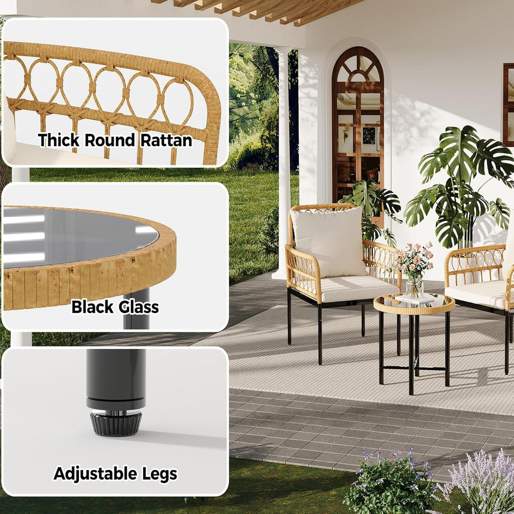 3-Piece All-Weather Wicker Rattan Bistro Patio Furniture Set with Glass Table and Thick Cushions, Beige - Ideal for Balcony, Garden, Backyard, and Poolside Conversation