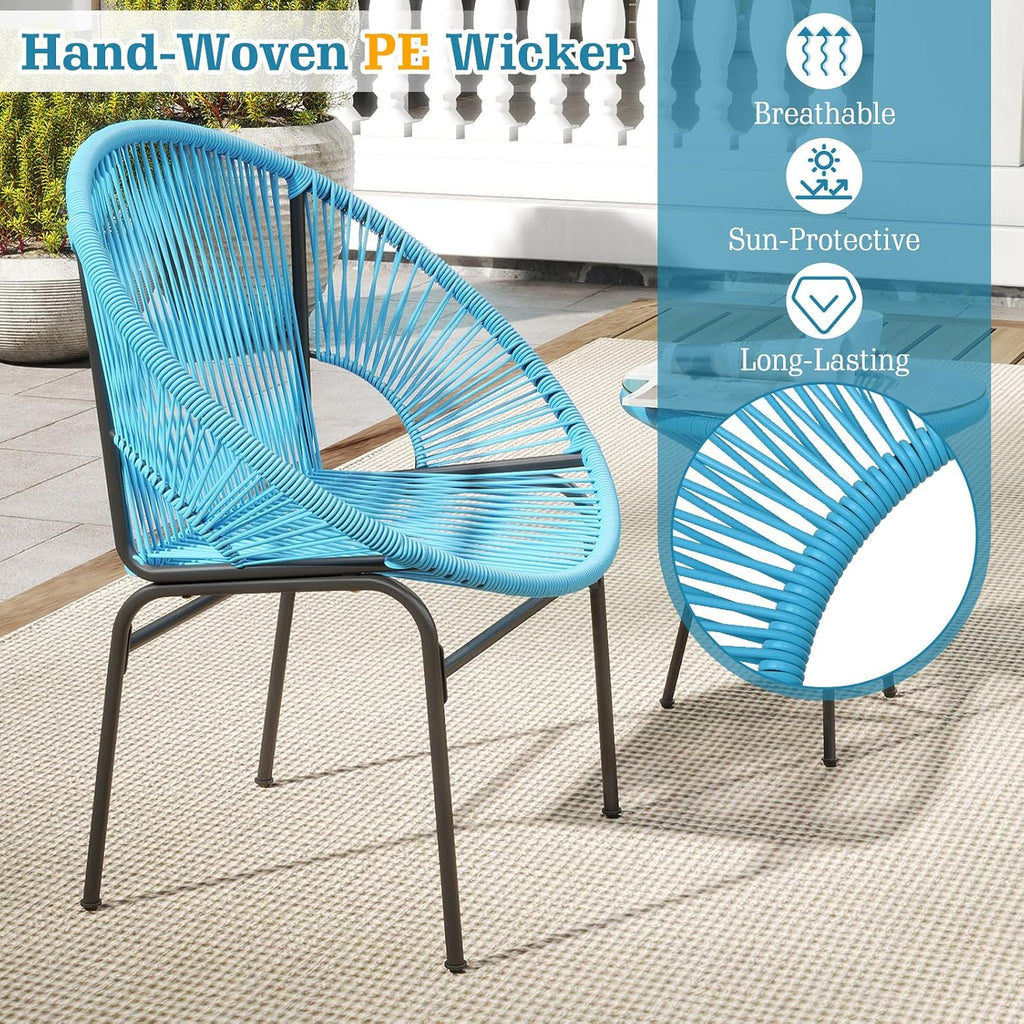 Tangkula 3 Piece Outdoor Patio Furniture Set, Acapulco Chair Set w/Plastic Rope, Tempered Glass Table, All Weather Patio Bistro Set for Patio, Lawn, Garden, Backyard (Turquoise)