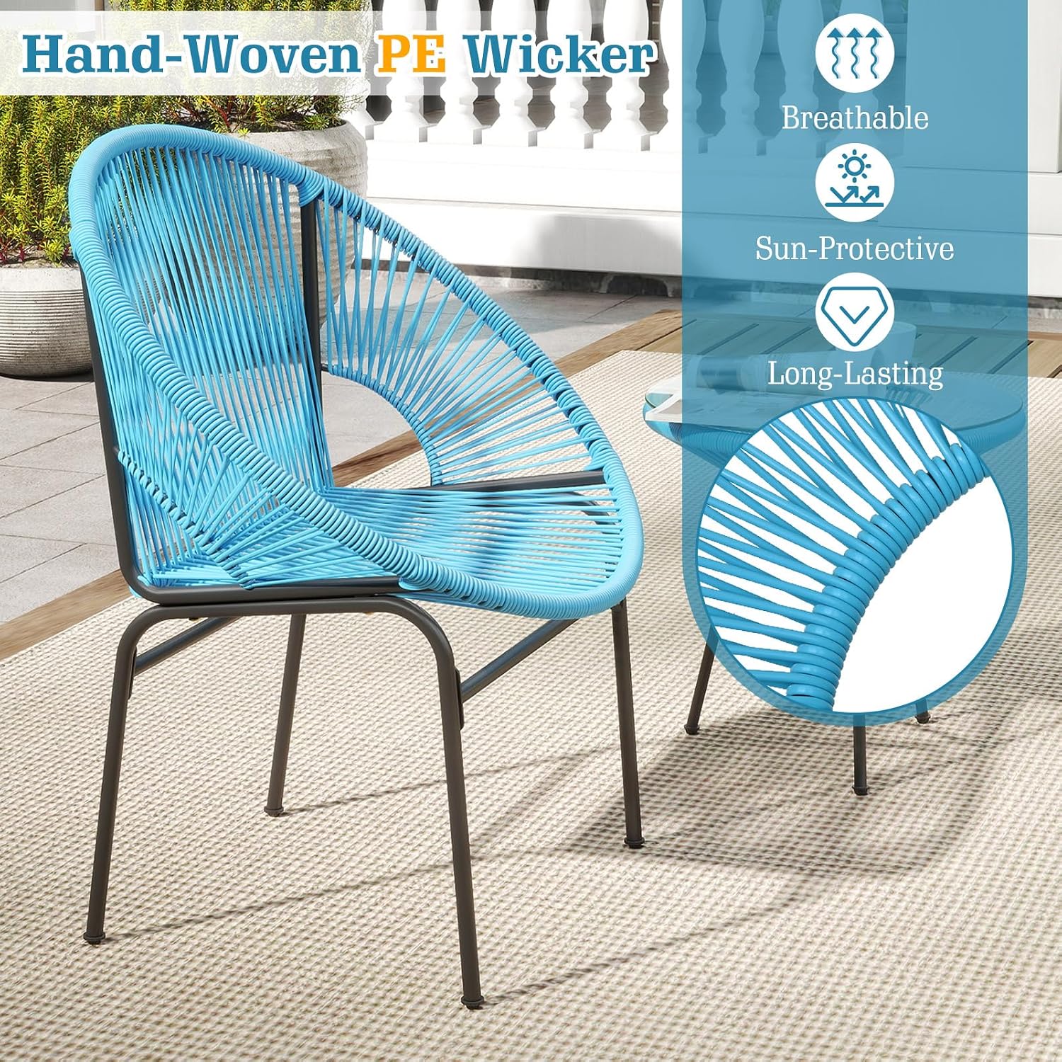Tangkula 3 Piece Outdoor Patio Furniture Set, Acapulco Chair Set w/Plastic Rope, Tempered Glass Table, All Weather Patio Bistro Set for Patio, Lawn, Garden, Backyard (Turquoise)