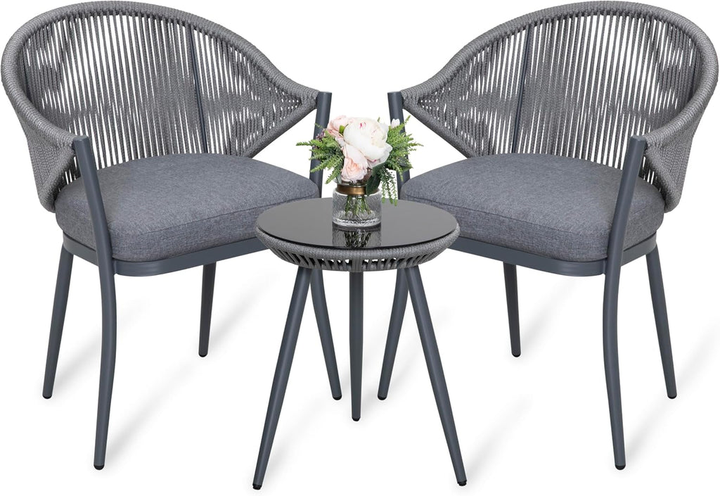 NUU GARDEN 3 Piece Outdoor Bistro Set, Woven Rope Conversation Patio Set, All Weather Aluminum Patio Furniture Chairs and Table with Cushions for Garden, Deck, Backyard, Gray