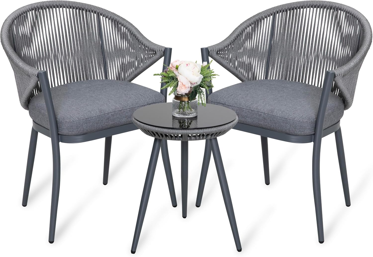NUU GARDEN 3 Piece Outdoor Bistro Set, Woven Rope Conversation Patio Set, All Weather Aluminum Patio Furniture Chairs and Table with Cushions for Garden, Deck, Backyard, Gray