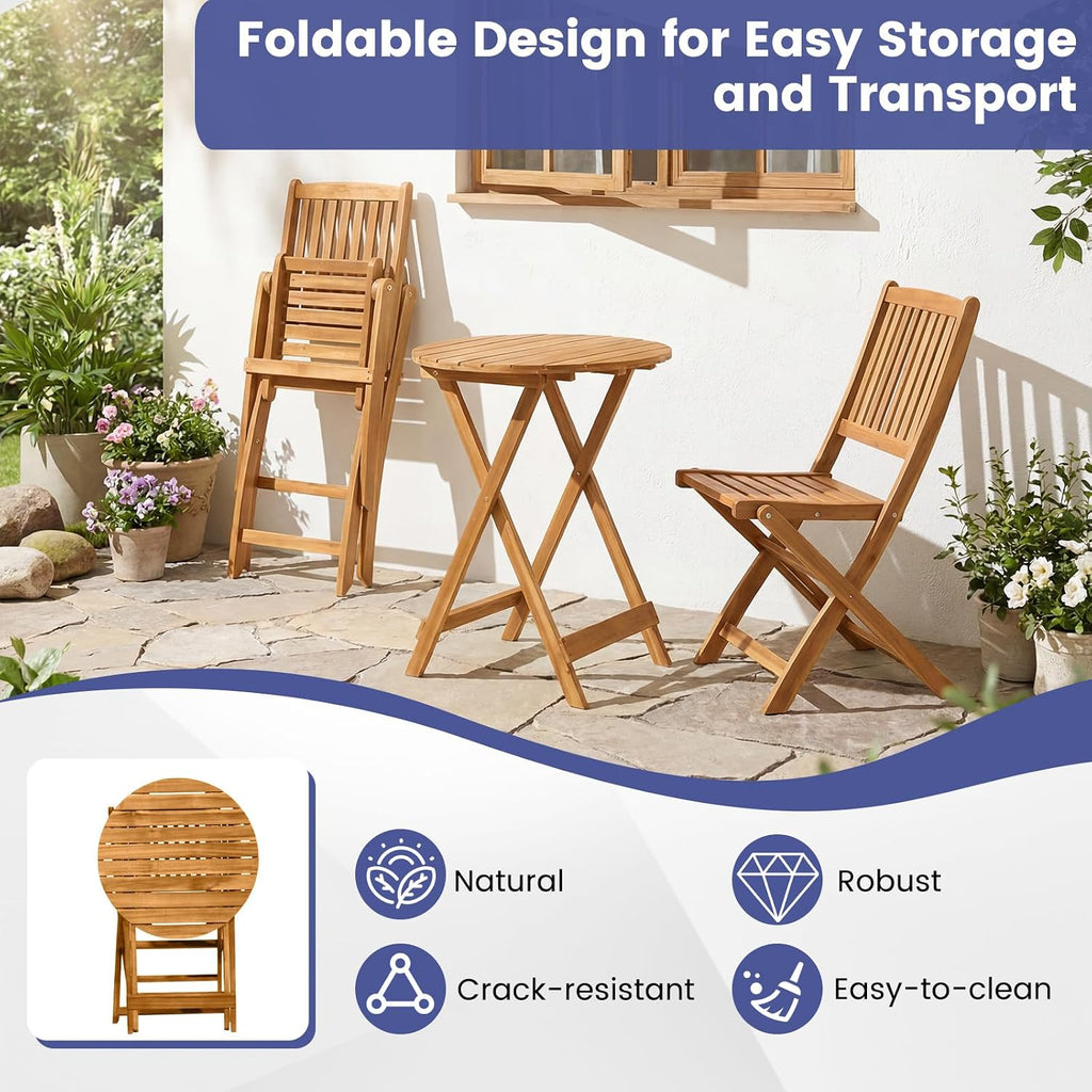 Giantex 3Pcs Patio Bistro Set, Wood Folding Table Set, 2 Cushioned Chairs for Garden Yard, Outdoor Furniture Round Table (Natural & Navy Blue)
