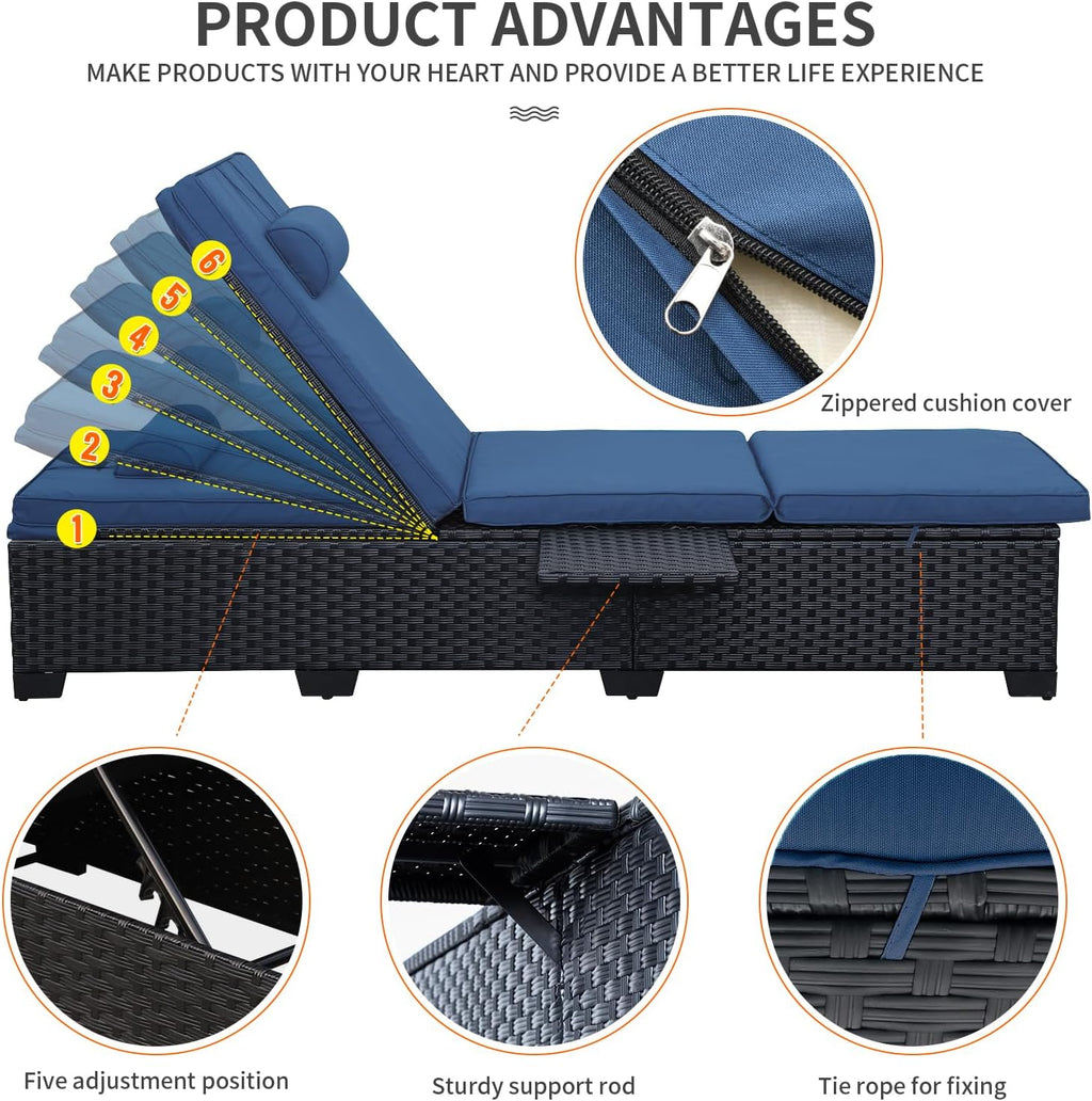 WAROOM Outdoor Chaise Lounge Chairs for Outside Patio Furniture Set of 2 Wicker Recliner Black Rattan Sunbathing Lounger Adjustable Backrest Pool Reclining Chair, Navy Blue Cushion