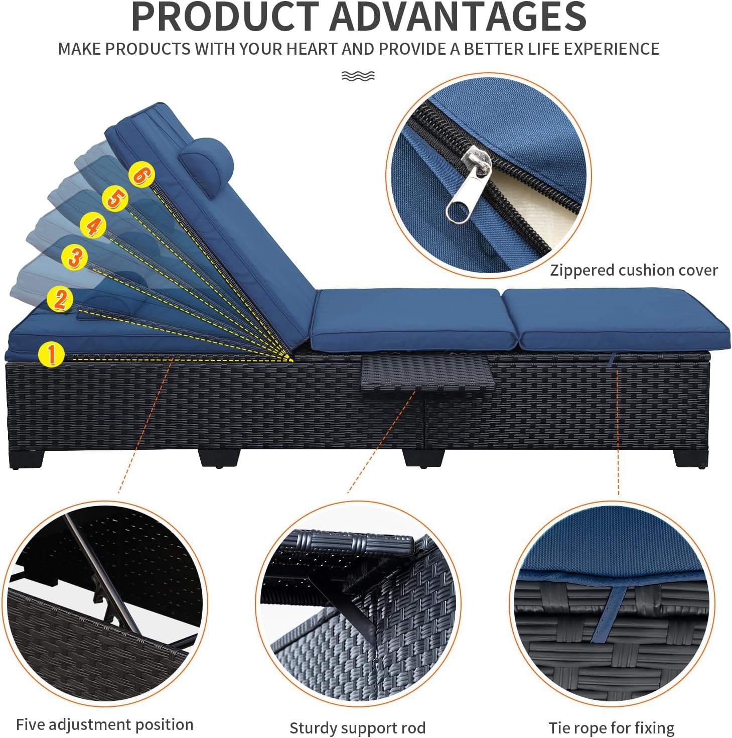 WAROOM Outdoor Chaise Lounge Chairs for Outside Patio Furniture Set of 2 Wicker Recliner Black Rattan Sunbathing Lounger Adjustable Backrest Pool Reclining Chair, Navy Blue Cushion