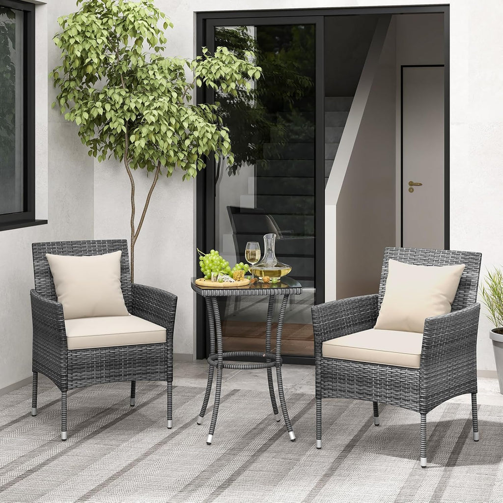 Tangkula 3-Piece Patio Furniture Set, PE Wicker Conversation Bistro Set w/A Tempered Glass Table & 2 Cushioned Chairs, Outdoor Table & Chairs Set for Patio Porch Yard Garden (Mix Gray+Off White)