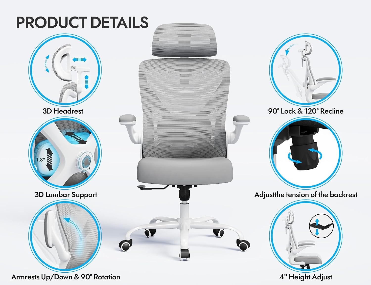 Ergonomic Office Chair: White Computer Desk Chair Comfy Gaming Chair for Adults - Office Chair with Lumbar Support & Headrest - Executive Office Rolling Chairs for Home Work (Grey)