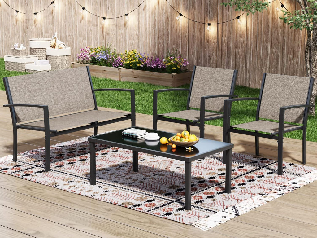 Greesum 4 Pieces Patio Furniture Set, Outdoor Conversation Sets for Patio, Lawn, Garden, Poolside with A Glass Coffee Table, Brown