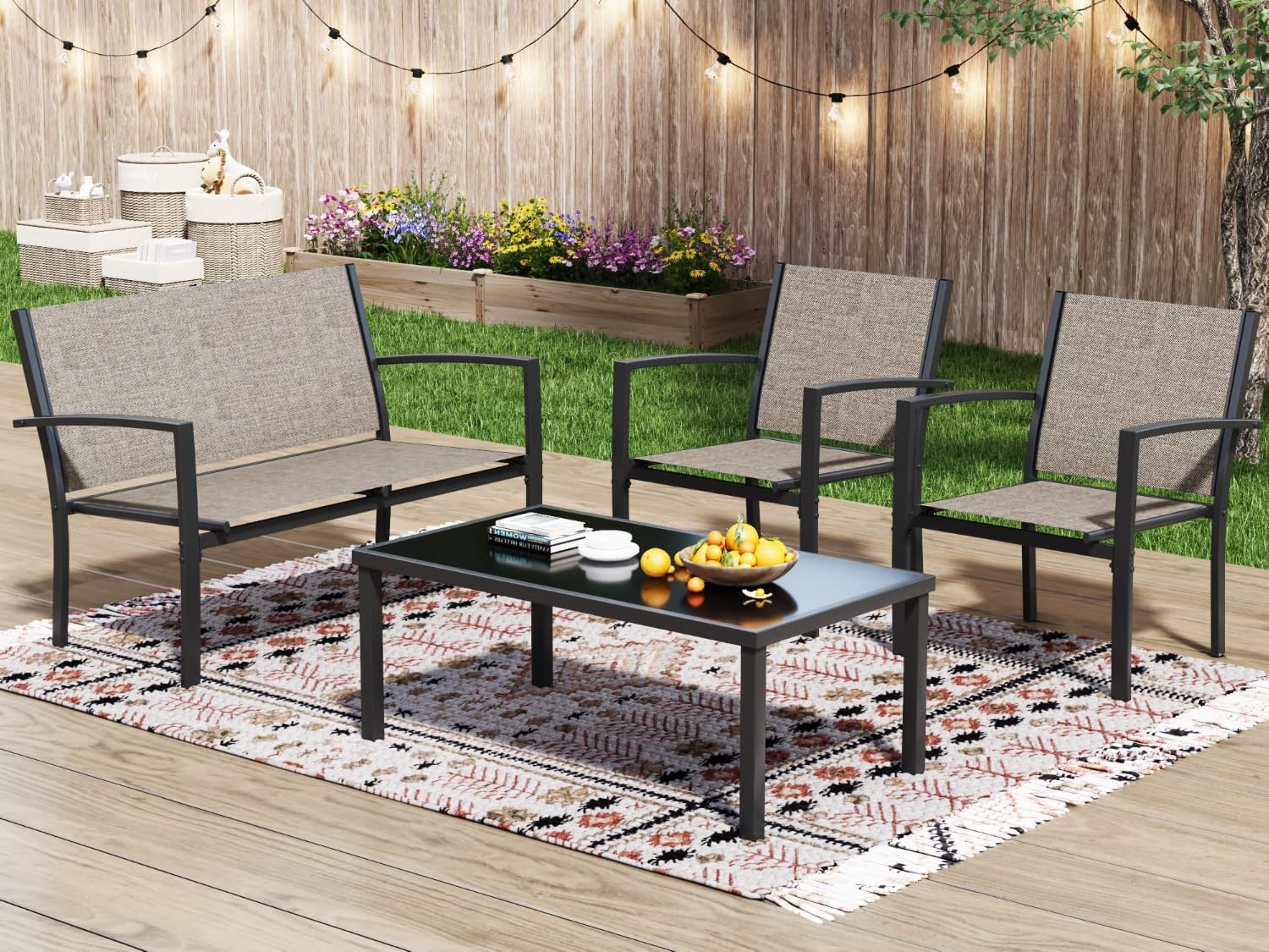 Greesum 4 Pieces Patio Furniture Set, Outdoor Conversation Sets for Patio, Lawn, Garden, Poolside with A Glass Coffee Table, Brown