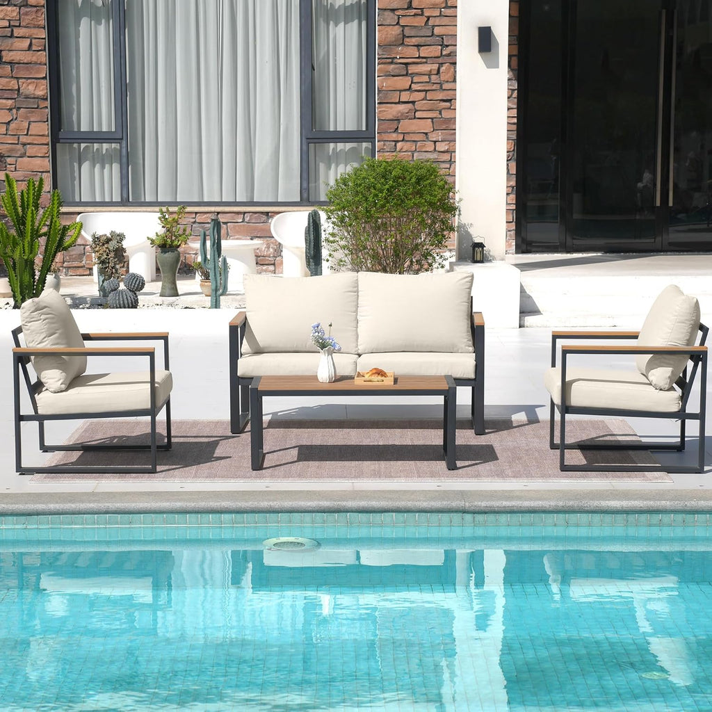 Patio Furniture Set, 4 Pieces Outdoor Patio Furniture with Coffee Table Set, Metal Patio Conversation Sets with Washable and High-Resiliency Sponge Cushions, Upgarded Beige