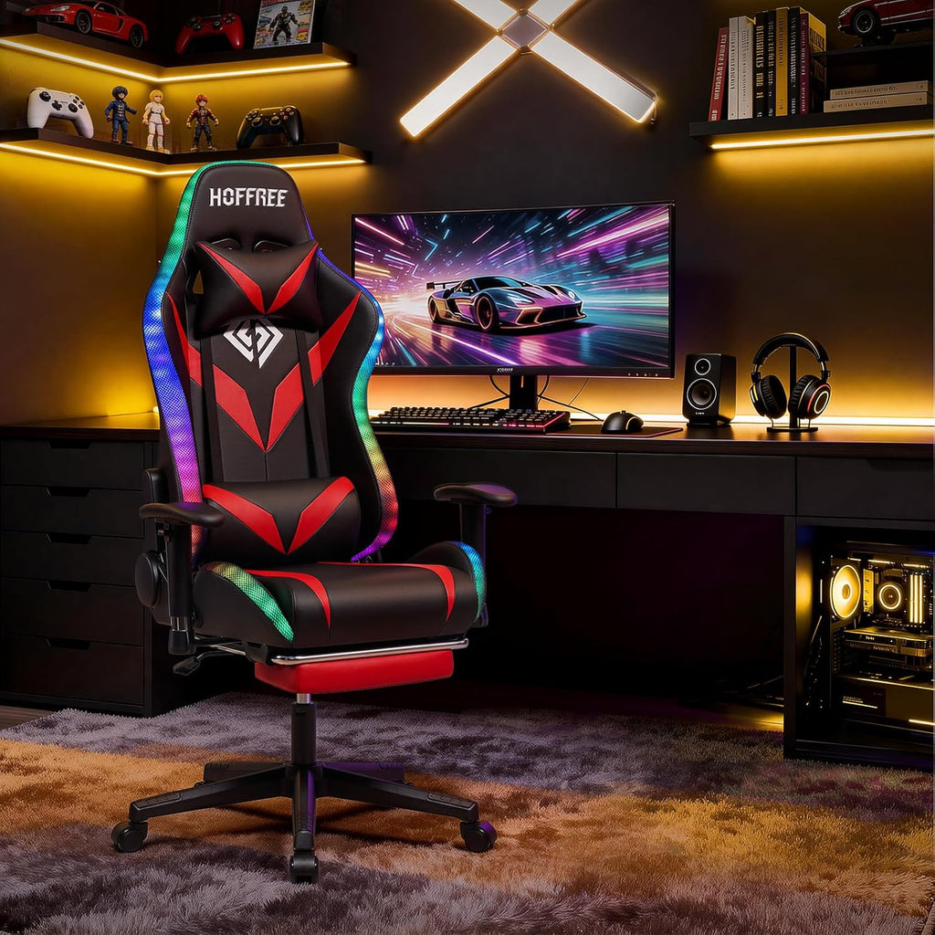 HOFFREE Gaming Chair with Bluetooth Speakers and Led Lights Massage Video Game Chair with Footrest Reclining High Back Computer Gamer Chair Red and Black