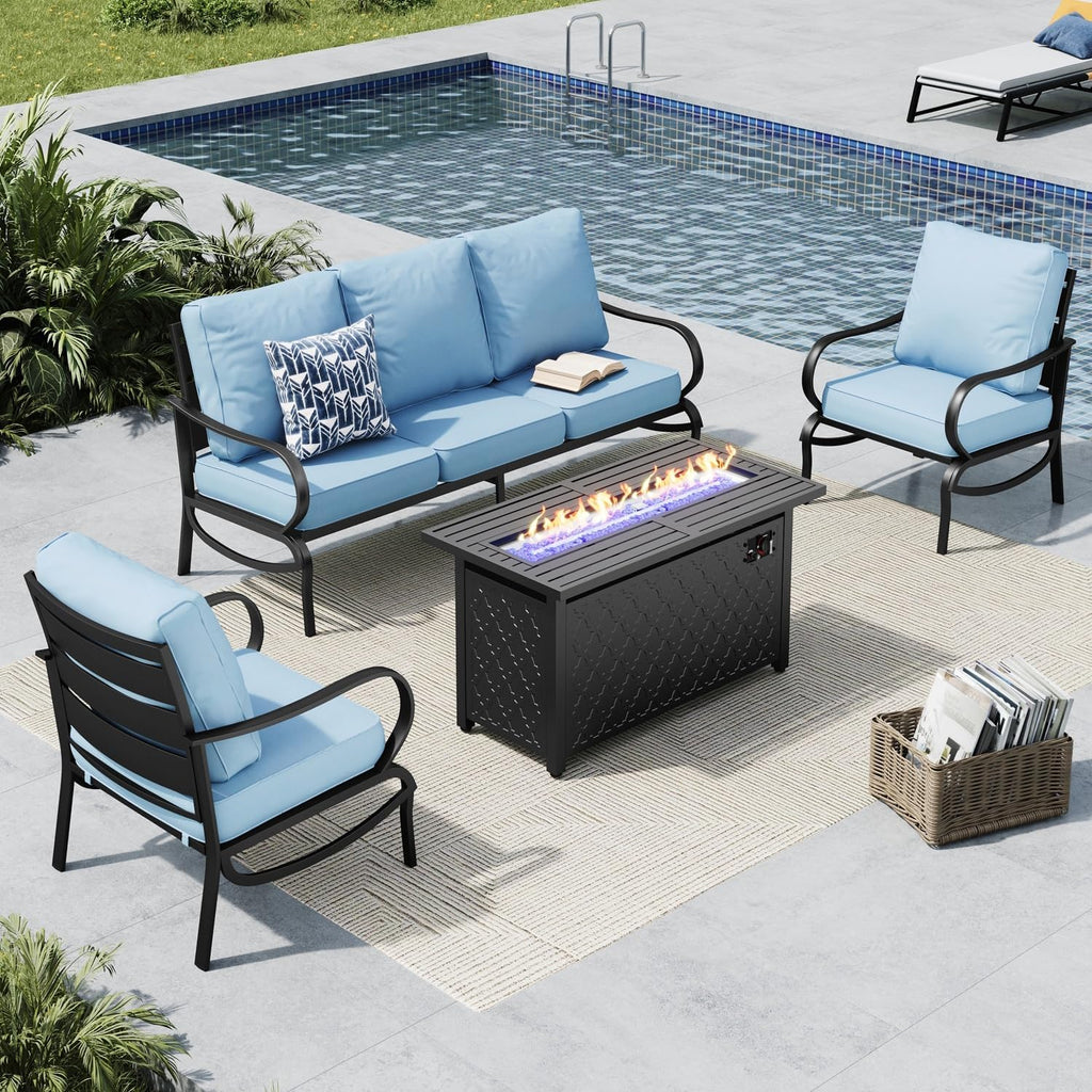 MFSTUDIO 4 Pieces Patio Conversation Sets, All Weather Metal Frame Outdoor Furniture Set Patio Sofas with 1 x 45 Rectangular Propane Fire Table, 1 x 3-Seat Sofa, 2 x Sofa Chairs, Blue Cushion