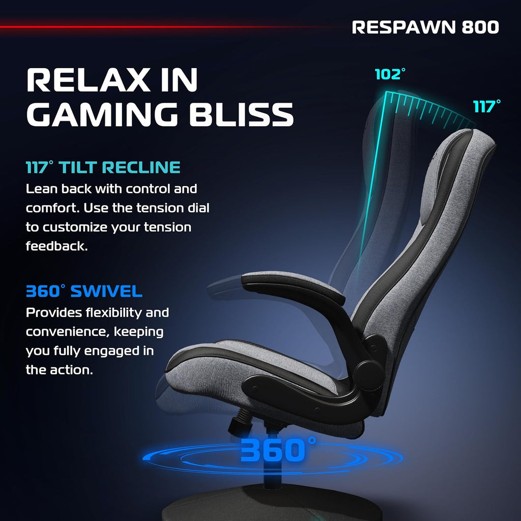 RESPAWN 800 Swivel Rocker Gaming Chair - Ergonomic Floor Gaming Seat with Lumbar Support, Flip Up Armrest, High Back, Pedestal Base, Comfortable No Wheels Console Video Game Rocker Chair - Gray Fabric
