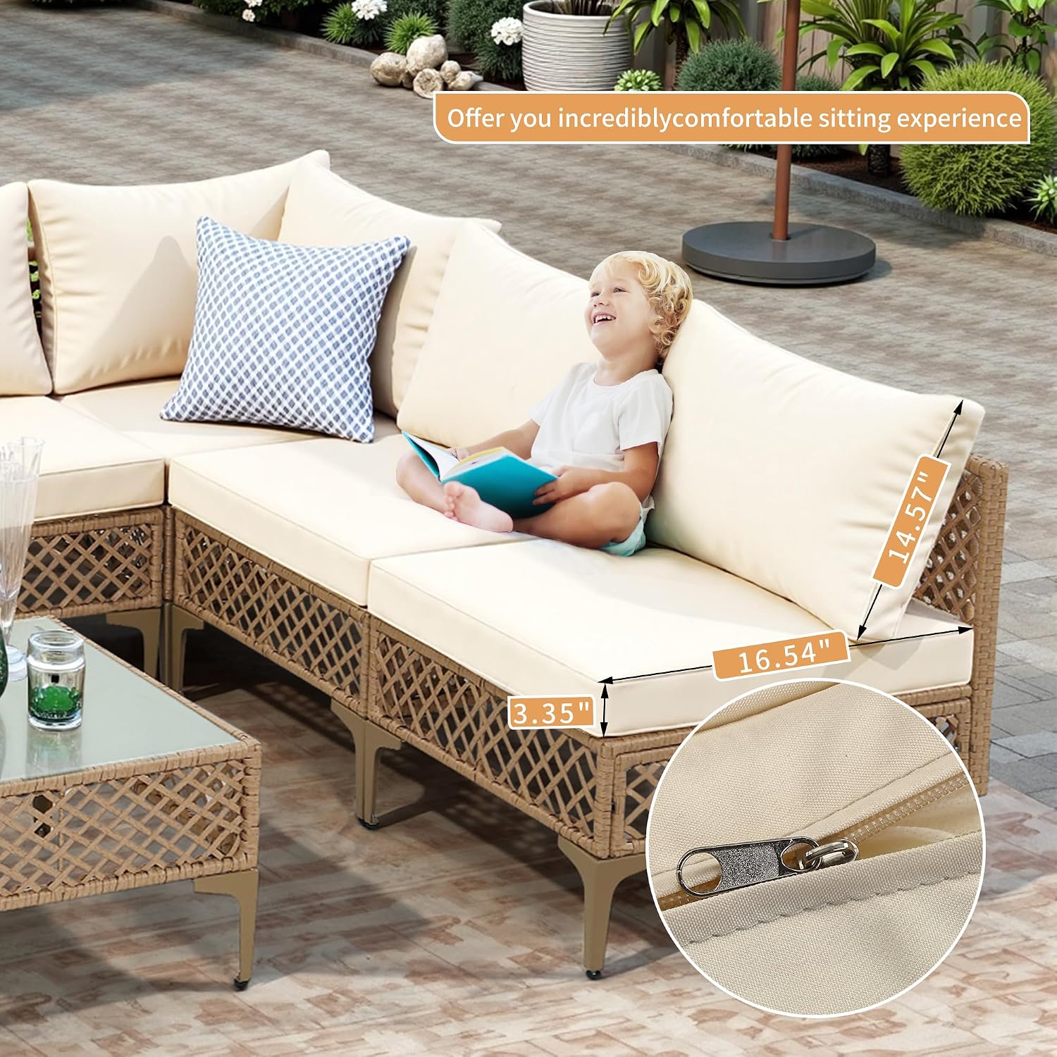 FHFO 7 Piece Patio Furniture Set, Outdoor Wicker Modular Sectional Patio Conversation Set with Thicker Cushion & Tempered Glass Coffee Table for Backyard, Poolside, Porch (Yellow/Beige)