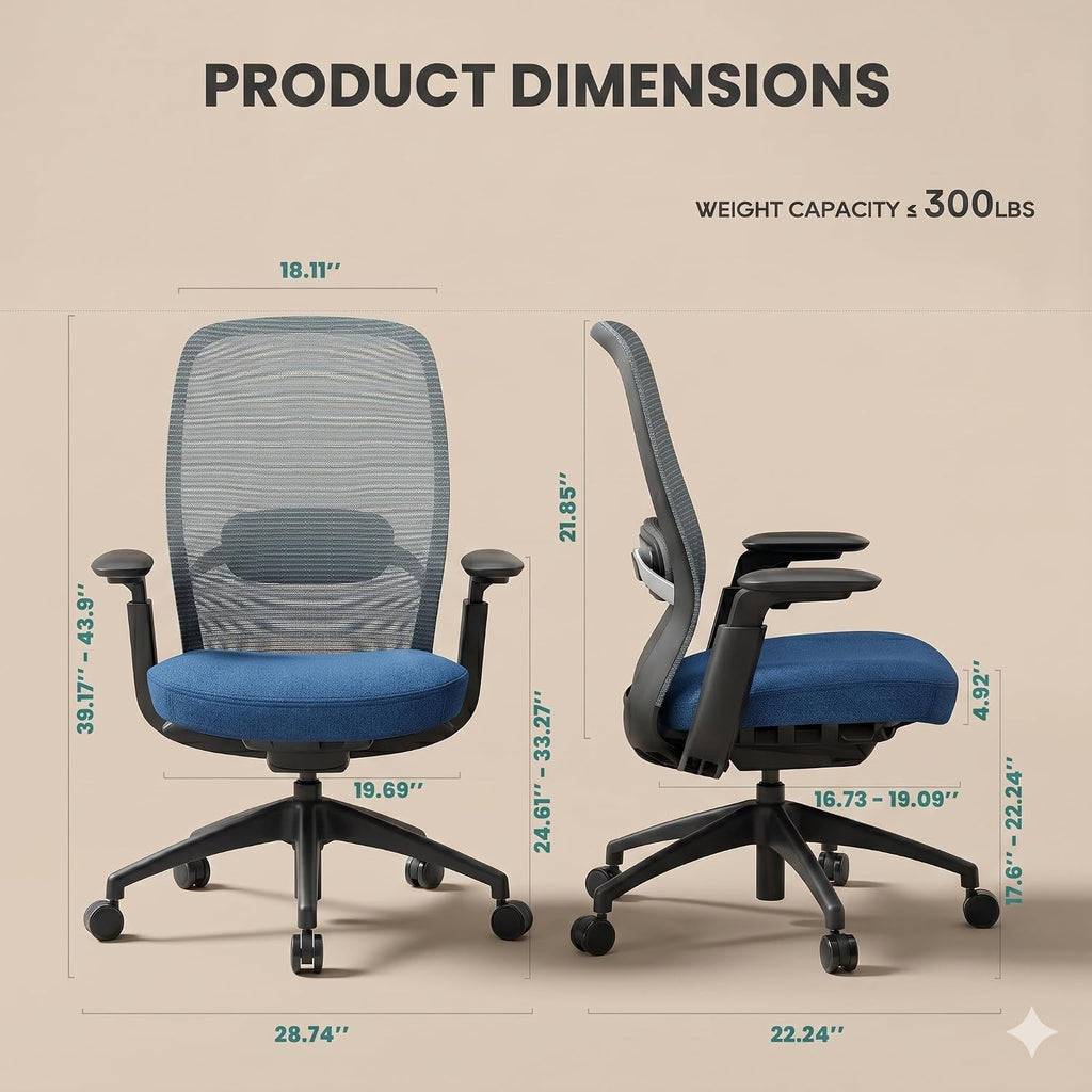 COLAMY Office Chair for Long Hours, Easy Wire-Control Desk Chair with Sliding Seat Depth & Thick Padded Lumbar Support, Heavy Duty 300 LBS High Back Mesh Computer Chair for Home Workstation,Blue