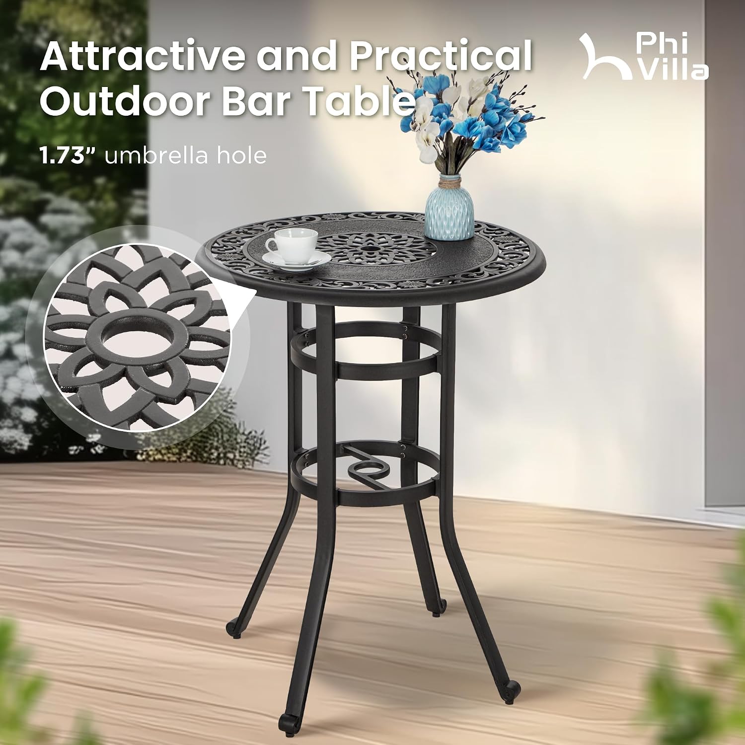PHI VILLA Patio Furniture Set, Brown 3Pcs Cast Aluminum High Top Table and Swivel Bar Stools with Cushion, Pub Bistro Set for Outdoor