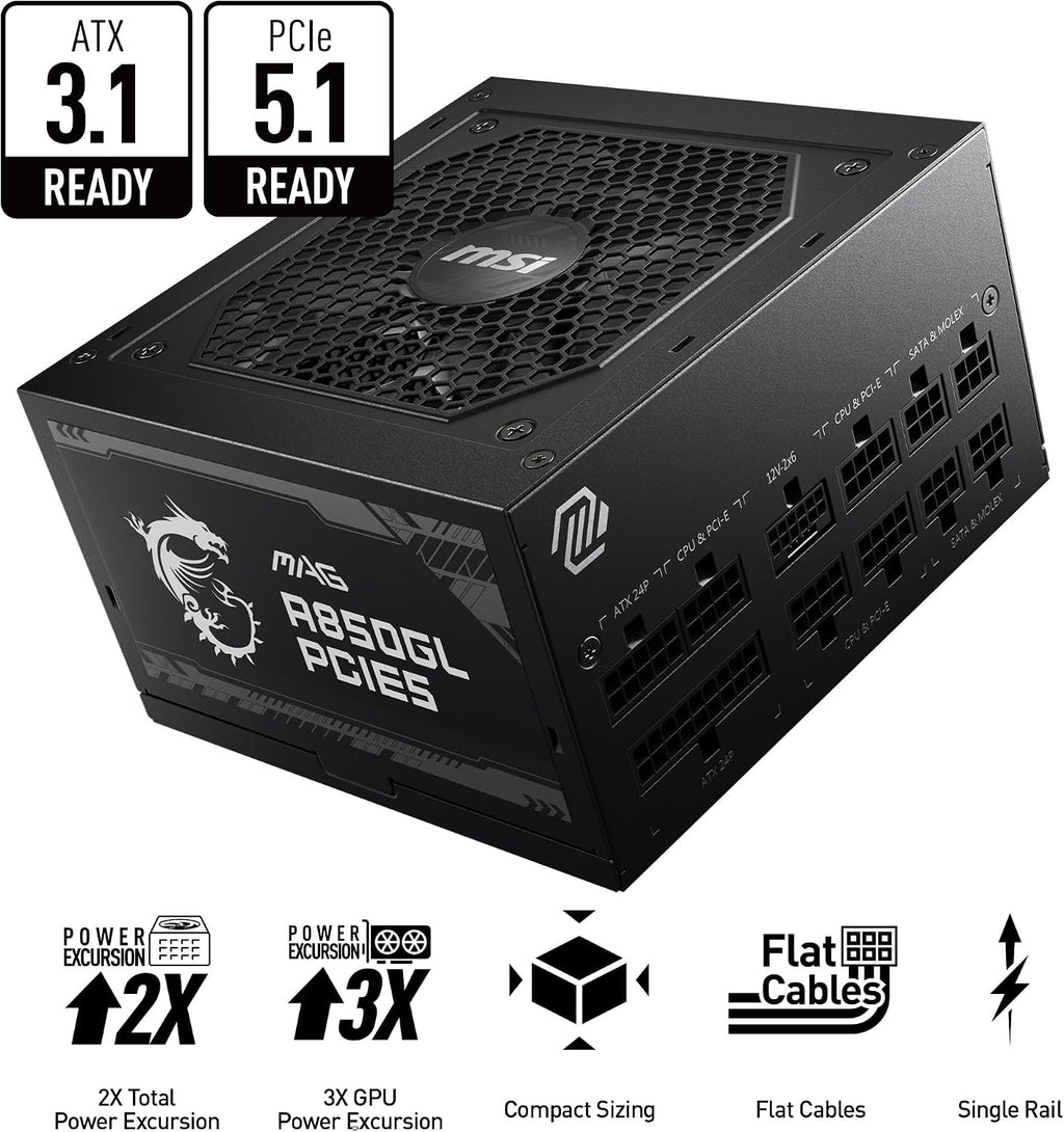 MSI MAG A850GL PCIE5, Fully Modular Compact Gaming 850W Power Supply, 80+ Gold, ATX 3.1 & PCIe 5.1 Ready, Native Dual-Color 12V-2x6 Cable, 10 Year Warranty