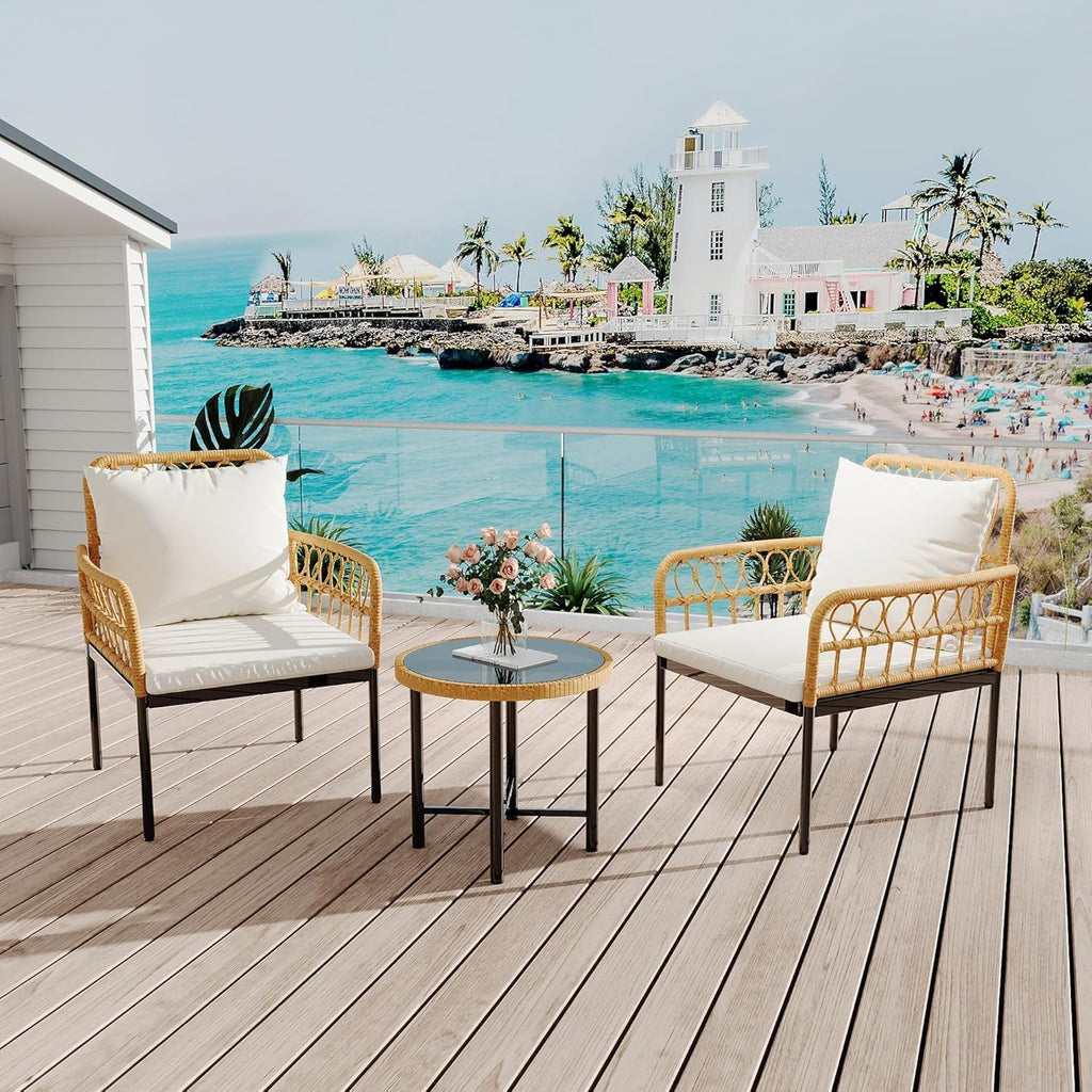 3-Piece All-Weather Wicker Rattan Bistro Patio Furniture Set with Glass Table and Thick Cushions, Beige - Ideal for Balcony, Garden, Backyard, and Poolside Conversation