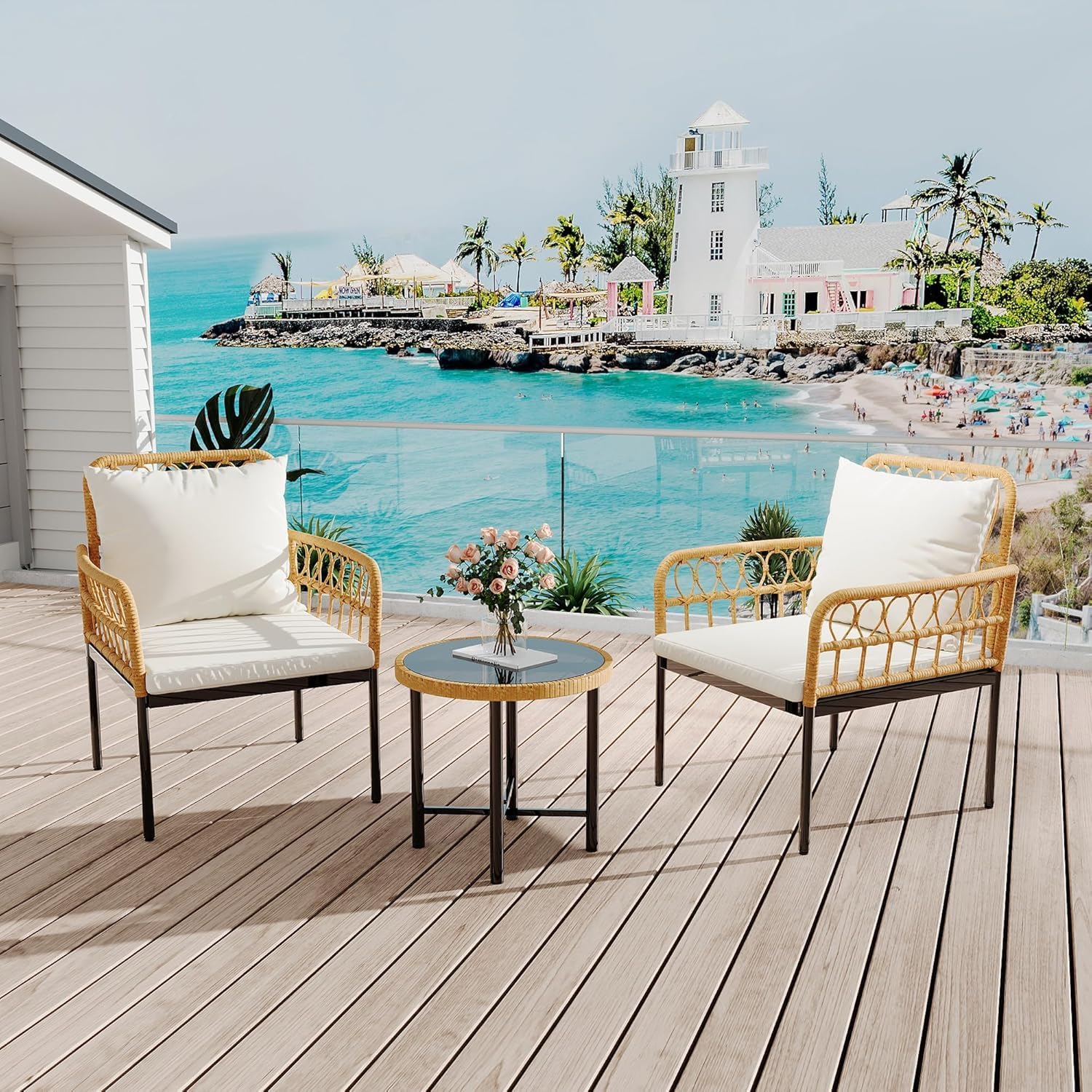 3-Piece All-Weather Wicker Rattan Bistro Patio Furniture Set with Glass Table and Thick Cushions, Beige - Ideal for Balcony, Garden, Backyard, and Poolside Conversation