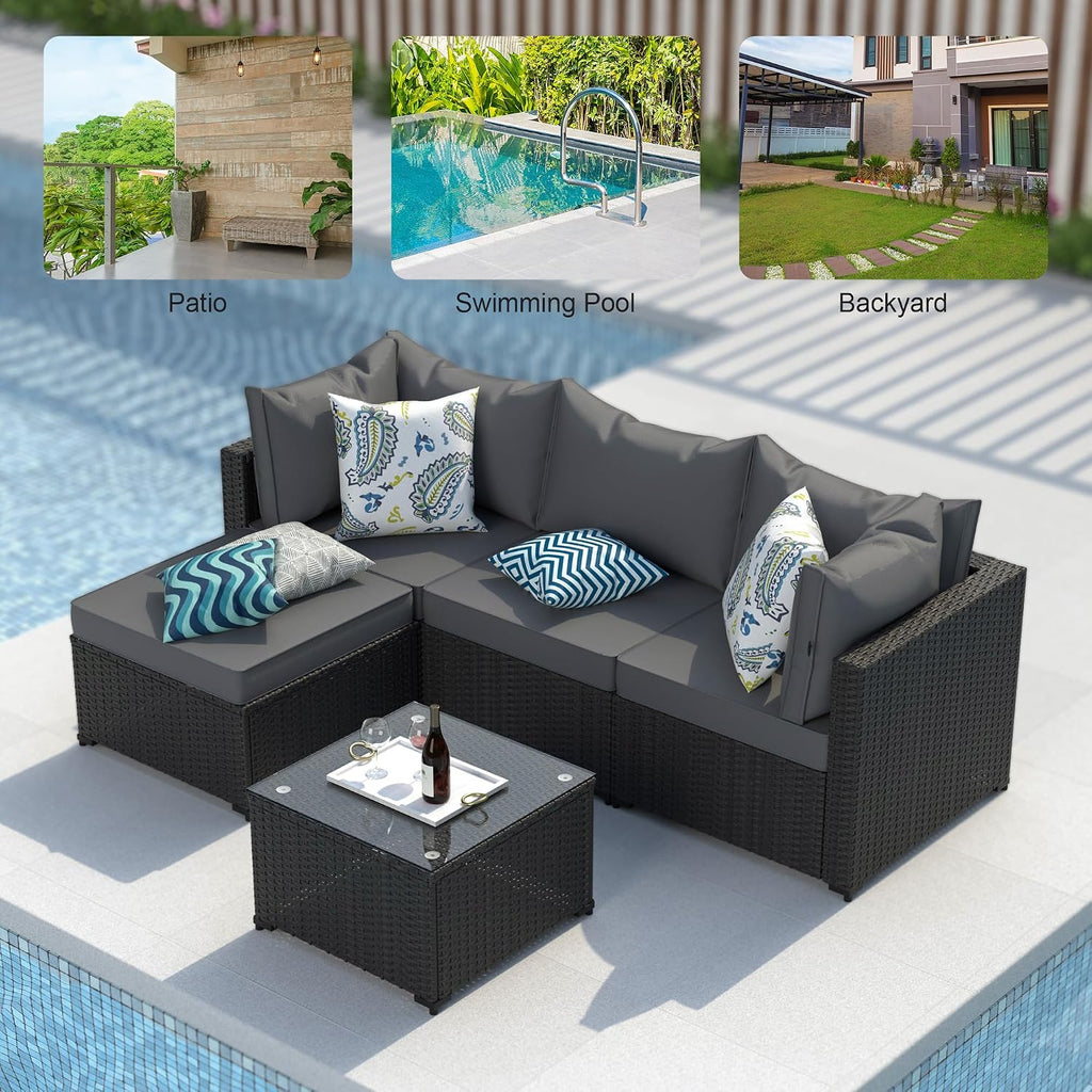 GOJOOASIS Patio Furniture Set Outdoor Sectional Sofa with Ottoman Wicker Couch Rattan Modular Seating Conversation Sets Porch Decor for Backyard, Balcony, Garden (Grey)