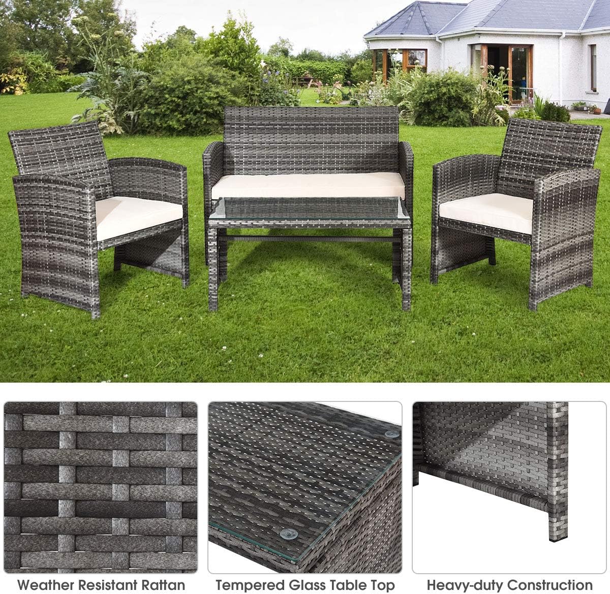 COSTWAY Patio Furniture Set 4 Pieces, Outdoor Wicker Chairs Sofa w/Coffee Table and Soft Cushions, Rattan Conversation Sets for Patio Lawn Backyard Yard Pool Garden, White