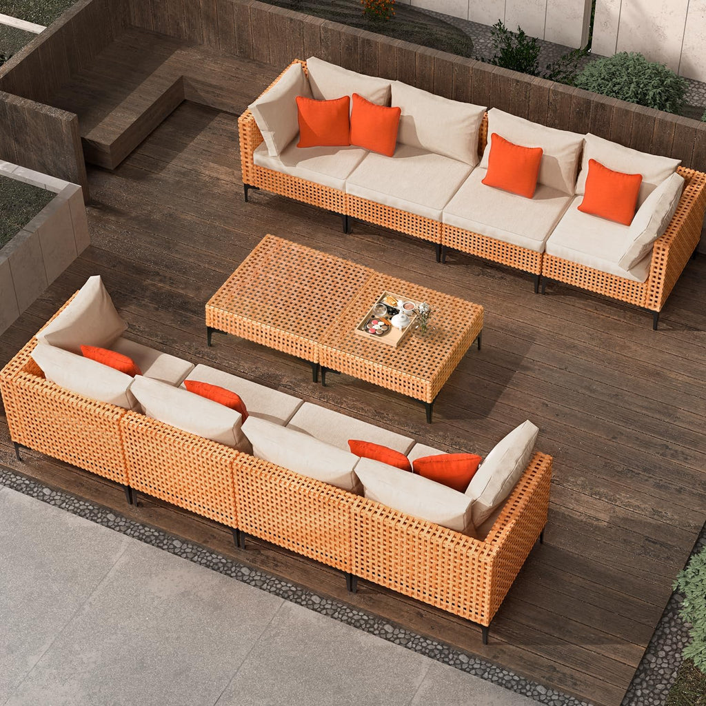 10 Piece Outdoor Patio Furniture Set Modular Outdoor Furniture Set Wicker Outdoor Sectional Sofa with Table Patio Set for Balcony Porch Deck Yard (Salmon&Orange Wicker, Sand Cushion)