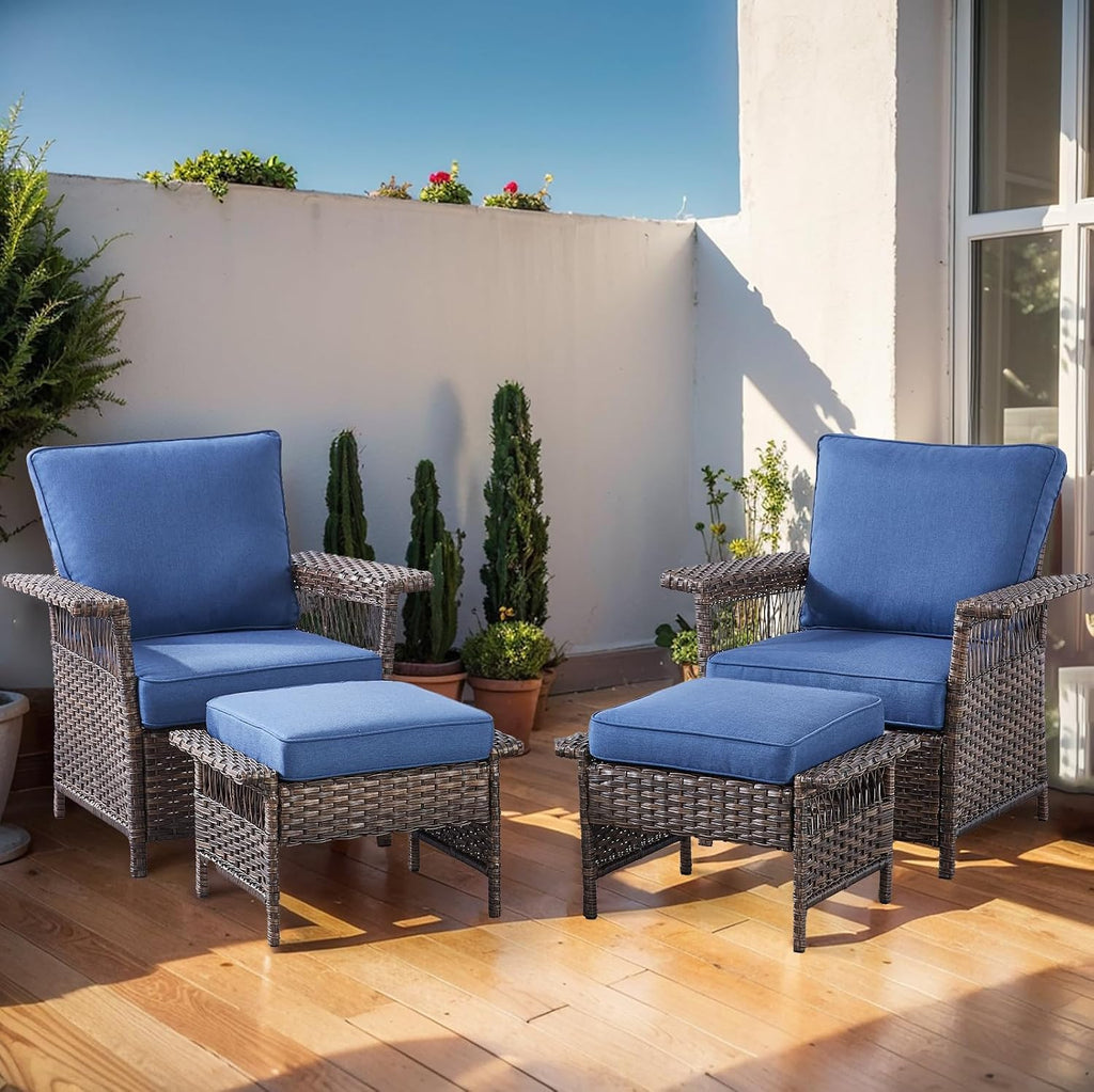 Patio Furniture Set 2 Wicker Patio Chairs with 2 PE Rattan Ottomans Brown Wicker Blue Cushions Patio Conversation Set 4pcs for Garden Balcony Sunroom Backyard Poolside