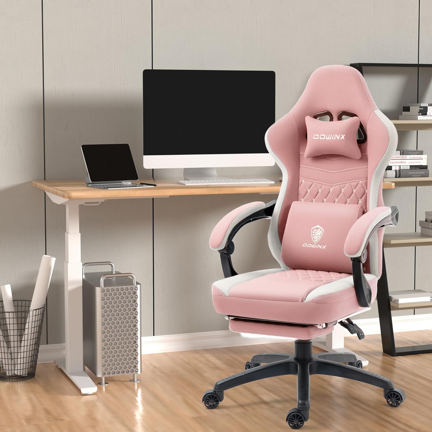 Dowinx Gaming Chair Breathable Fabric Game Chair with Gel Pad and Storage Bag, Comfortable Gamer Chair with Pocket Spring Cushion, Ergonomic Computer Chair with Footrest, Pink