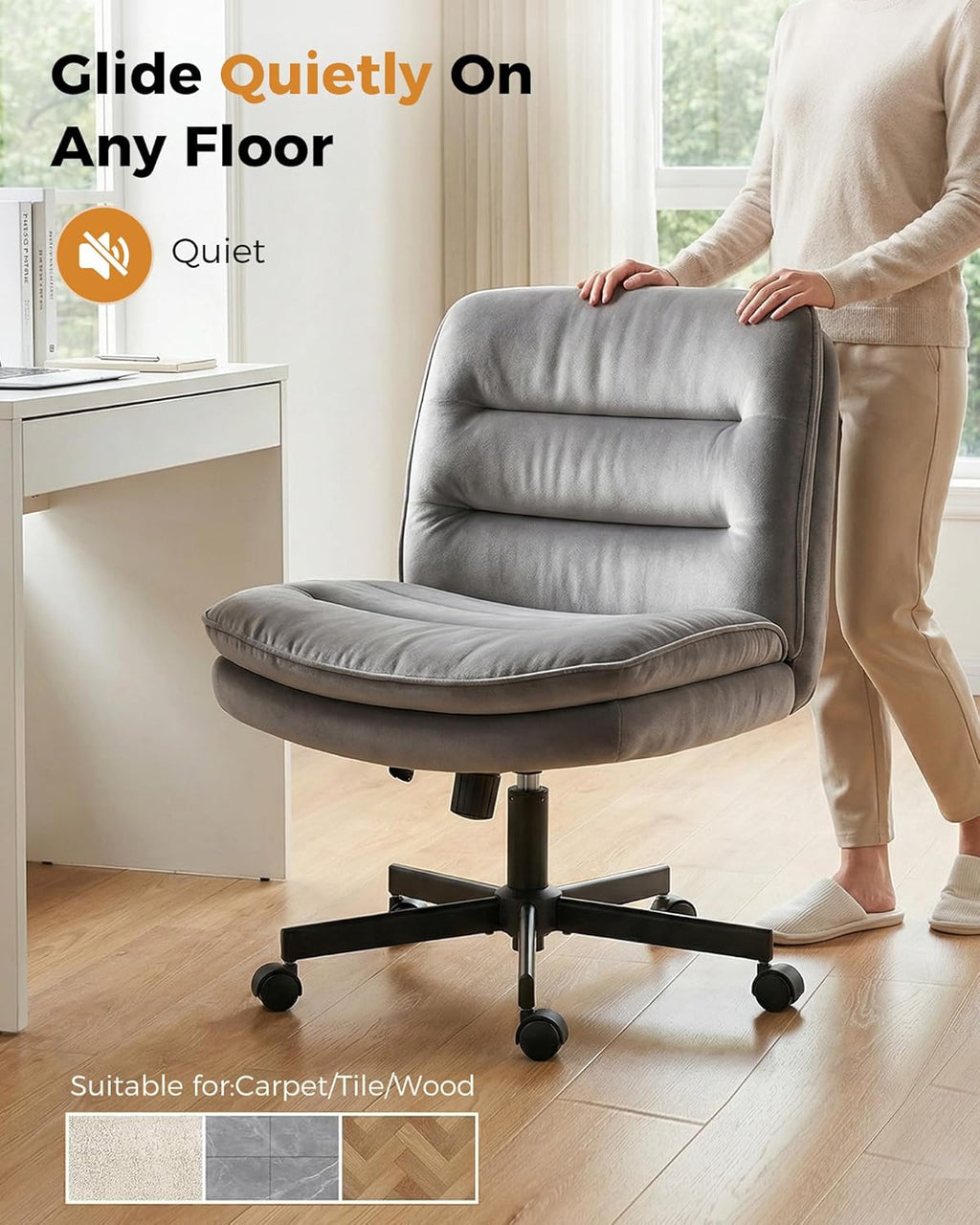 COMHOMA Cross Legged Office Chair with Wheels Armless-Office Desk Chair, Modern Vanity Computer Task Chairs for Home Bedroom, Comfortable Wide Seat for Lower Back Pain Relief, Soft Velvet, Gray