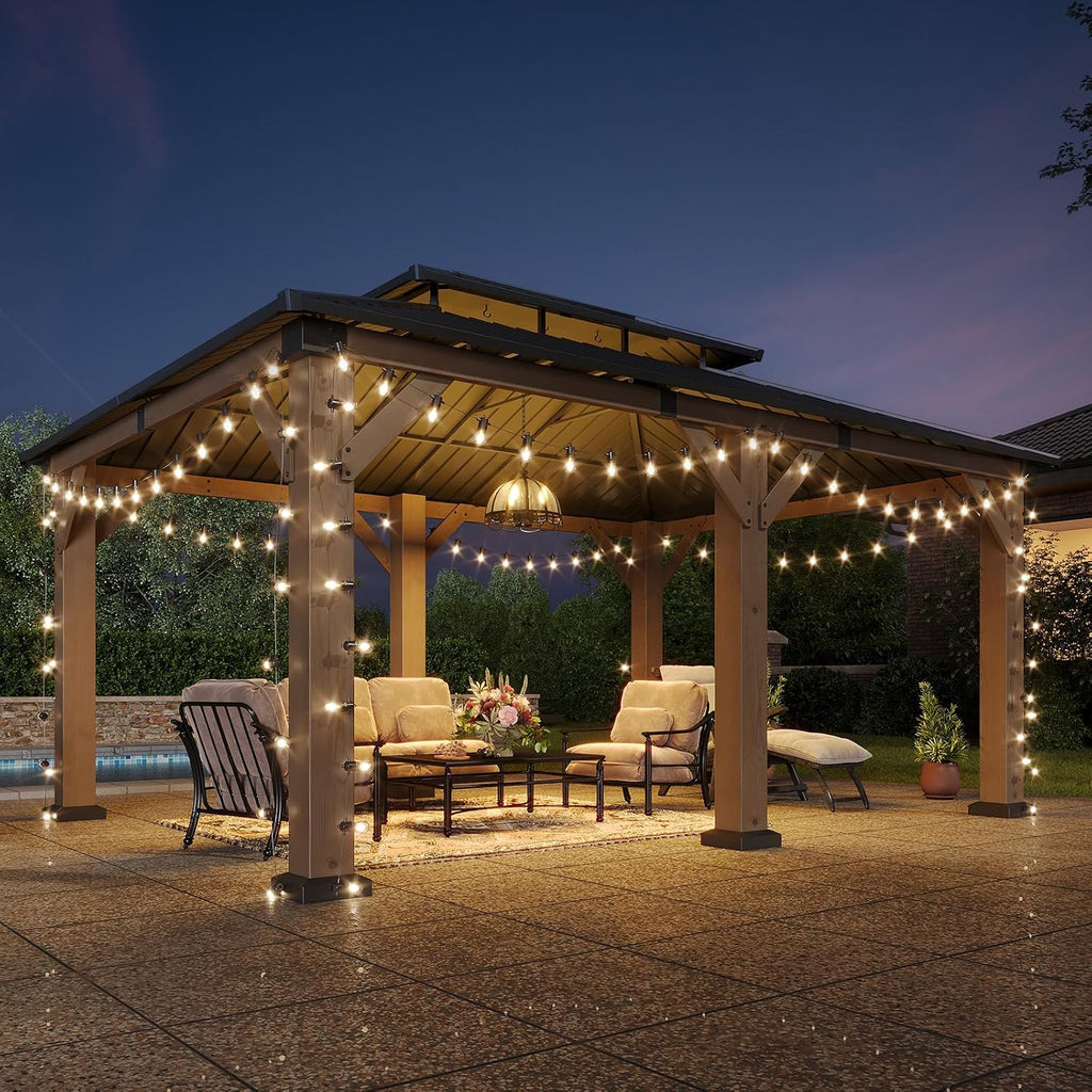 Aoxun 12' x 20' Outdoor Wood Gazebo, Hardtop Gazebo Permanent Wooden Pavilion with Galvanized Steel Double Roof, for Patio, Garden, Backyard, Cedar Wood, Grey