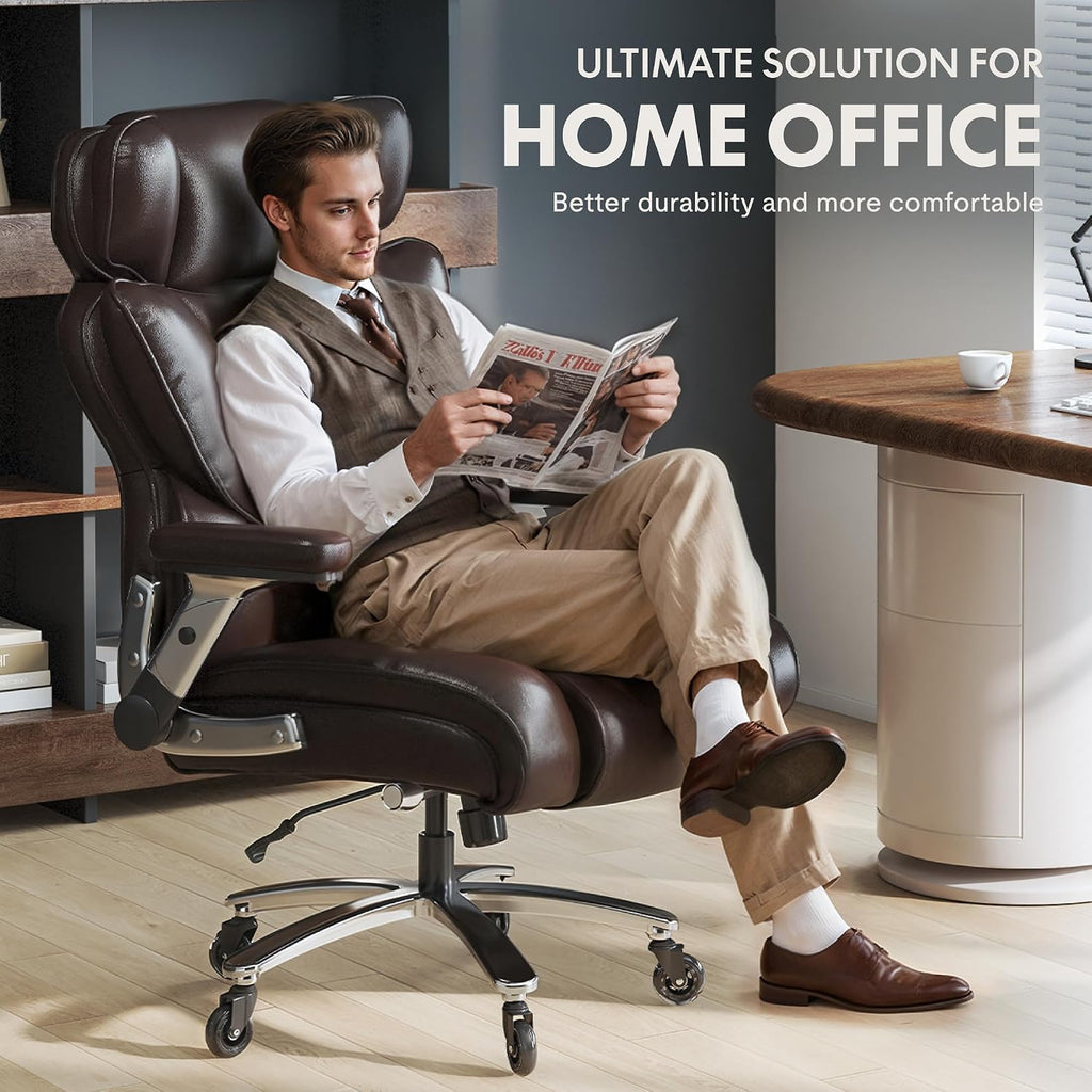 FLEXISPOT 600lbs Big and Tall Office Chair for Heavy People, Heavy Duty Computer Desk Chair with Dynamic Lumbar Support 2D Armrest Blade Wheels, Chairs for Home Office Gaming Working, Leather, Brown