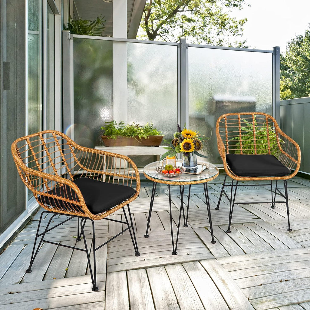 Tangkula 3 Pieces Patio Bistro Set, Rattan Conversation Set with 2 Cushioned Armchairs & Round Glass Coffee Table, Indoor Outdoor Wicker Furniture Set for Balcony, Backyard, Garden, Poolside