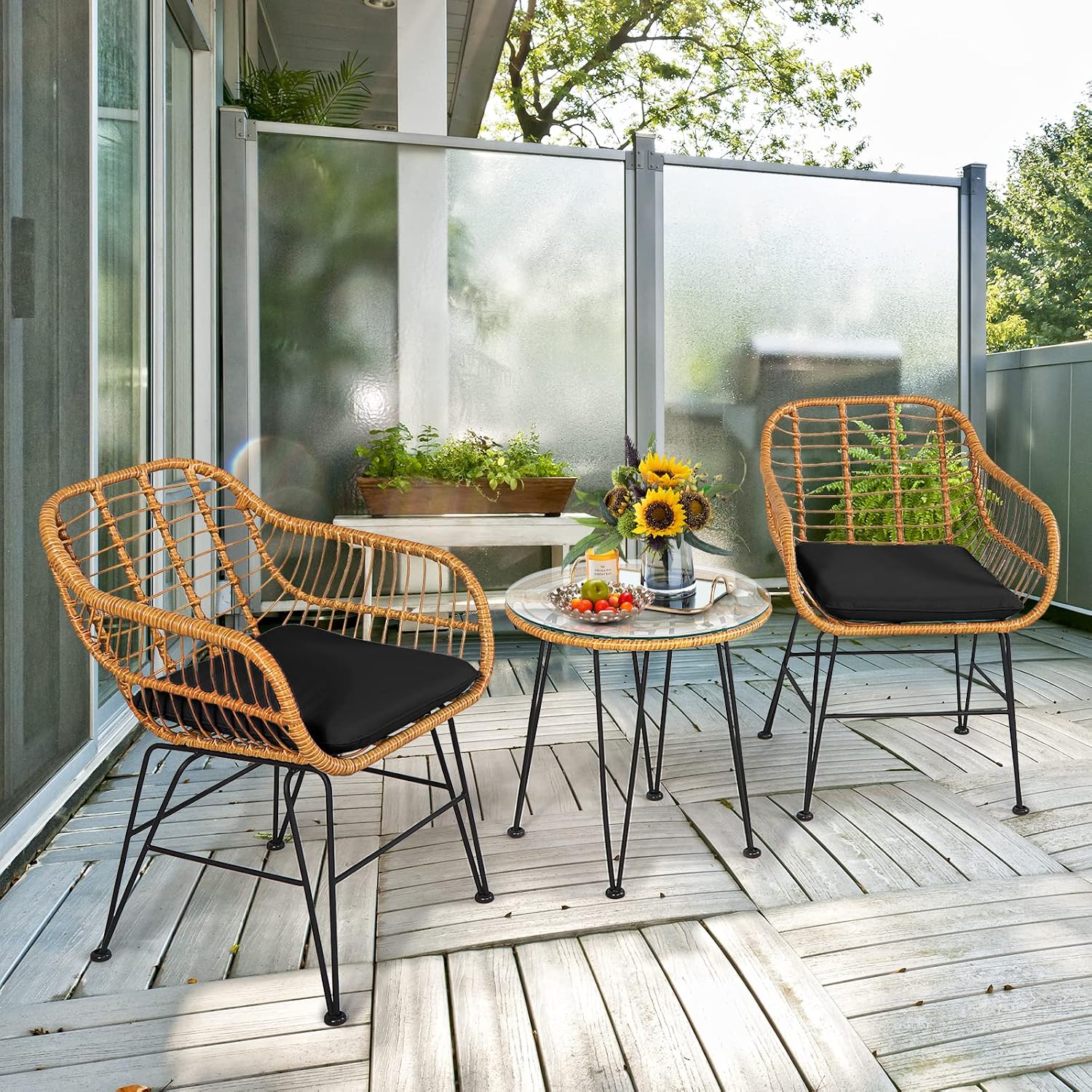 Tangkula 3 Pieces Patio Bistro Set, Rattan Conversation Set with 2 Cushioned Armchairs & Round Glass Coffee Table, Indoor Outdoor Wicker Furniture Set for Balcony, Backyard, Garden, Poolside
