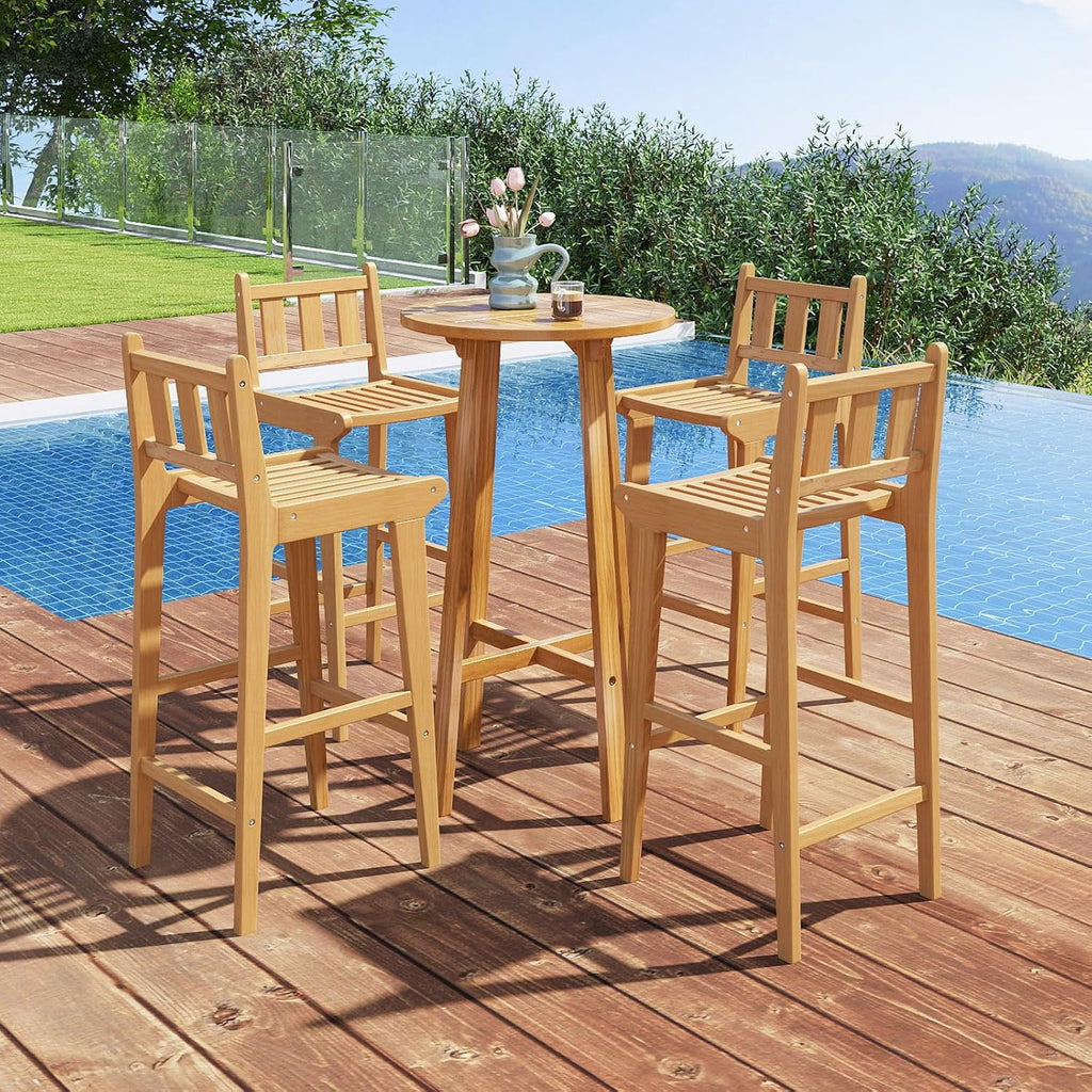Tangkula Teak Wood Bar Stool, 30' Bar Chair with Footrest & Backrest, Wooden Bar Height Chair, Patio Furniture for Deck, Poolside & Garden, Natural (1)