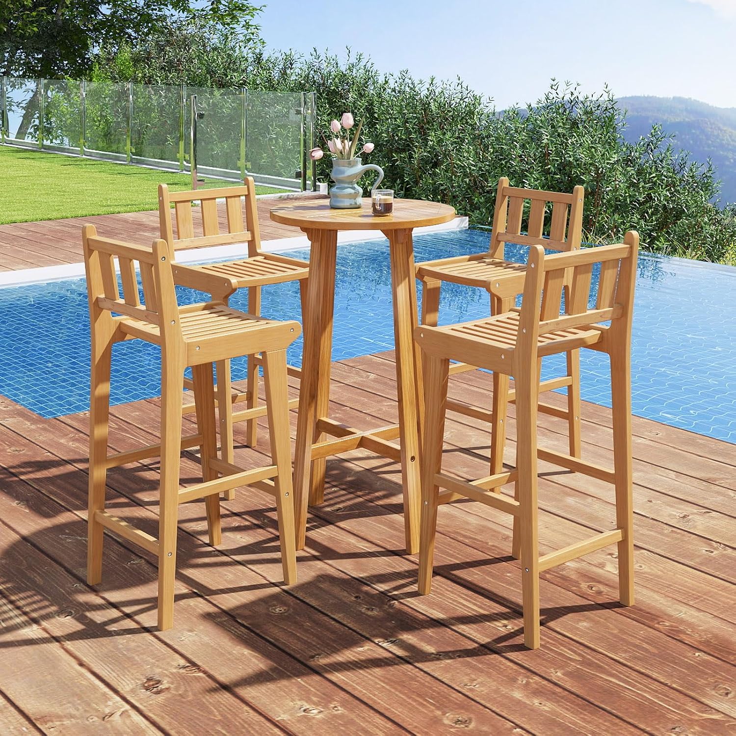 Tangkula Teak Wood Bar Stool Set of 4, 30' Bar Chair with Footrest & Backrest, Wooden Bar Height Chair, Patio Furniture for Deck, Poolside & Garden, Natural(4)