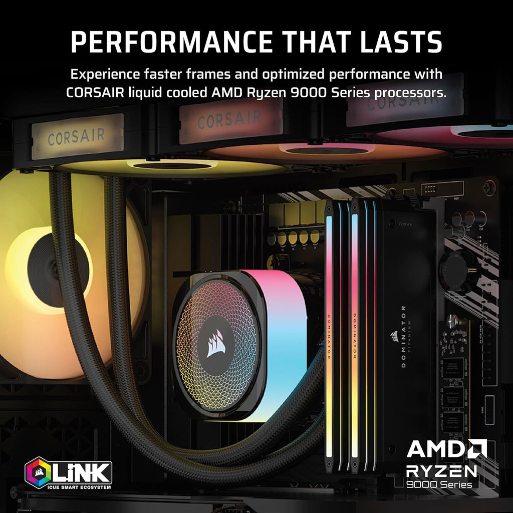 Corsair Vengeance a5100 Gaming PC – Liquid Cooled AMD Ryzen™ 7 9800X3D, NVIDIA® GeForce RTX™ 5090 GPU, 64GB Dominator Titanium RGB DDR5 Memory, 2+2TB M.2 SSD – Black/Silver