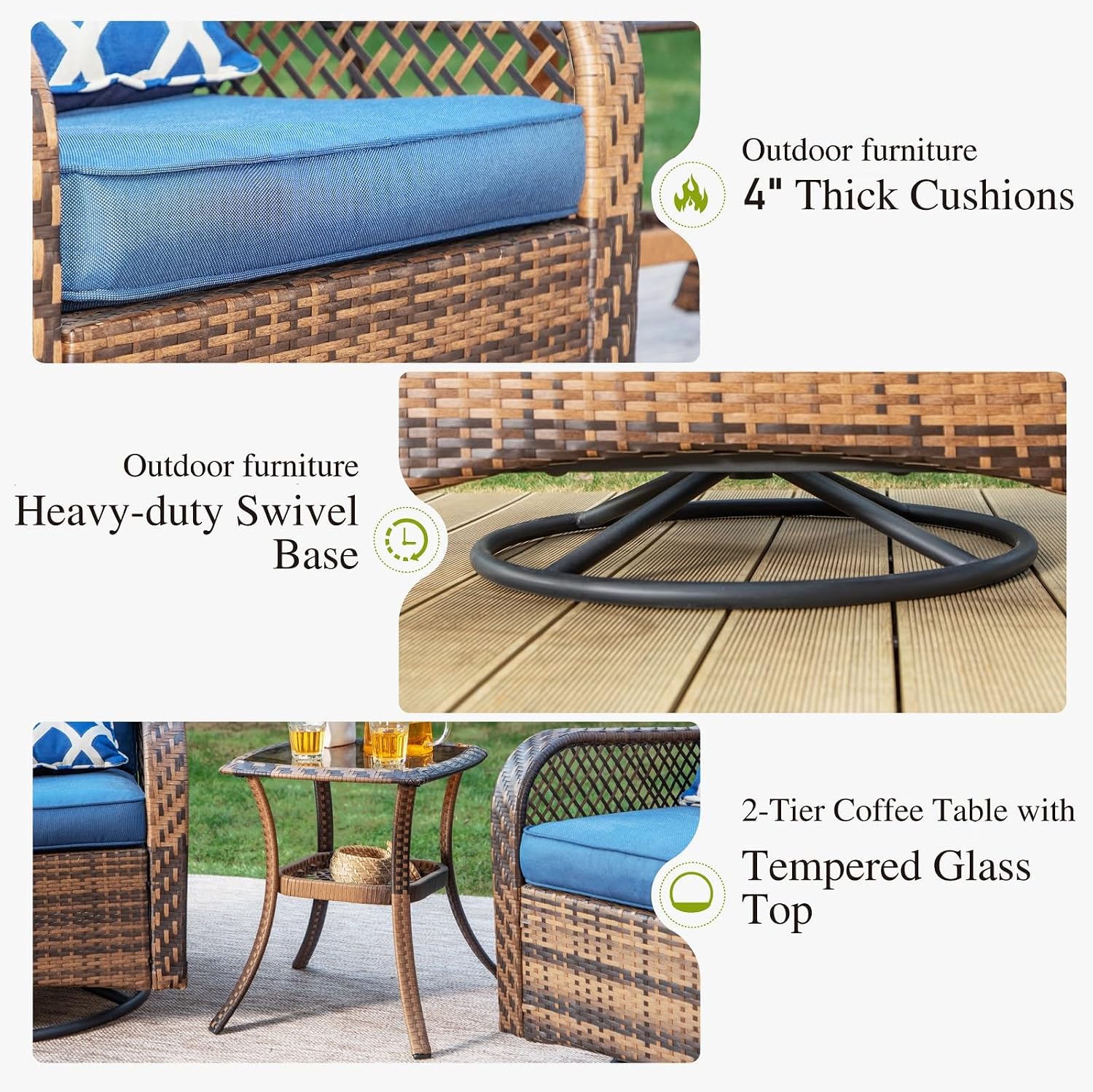 PHI VILLA Oversized Outdoor Swivel Rocker Chairs Set 3 Piece with 1 Table and 2 Rocking & Swivel Chairs Support 350lbs Navy Blue Wicker Outdoor Furniture Patio Conversation Set